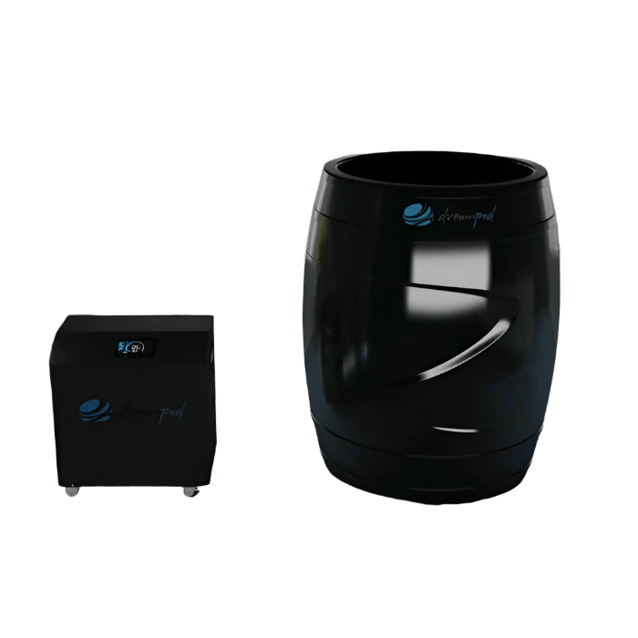 cold plunge Dreampod black fiberglass barrel with chiller system, front view