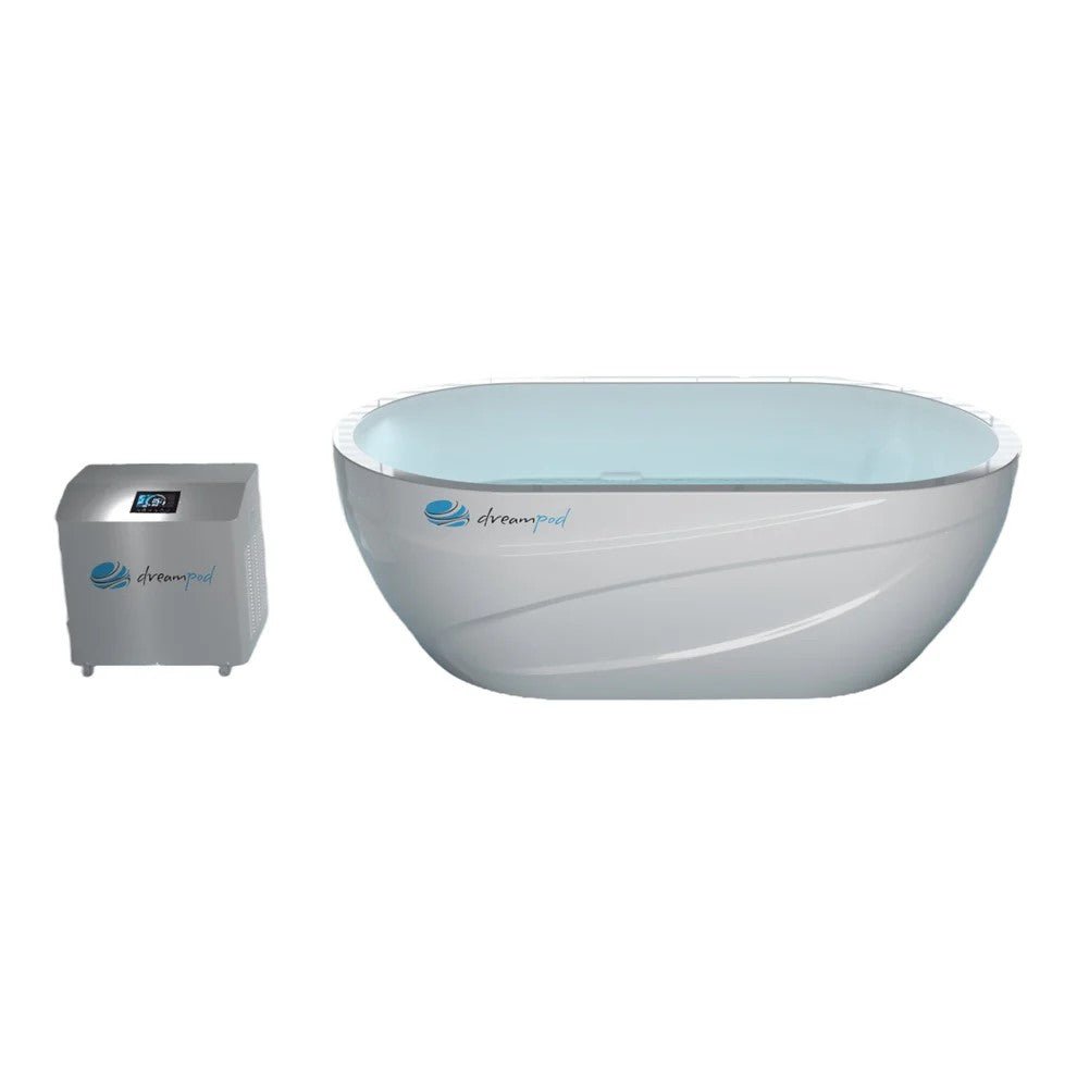 cold plunge tub Dreampod white fiberglass ice bath with chiller, front view