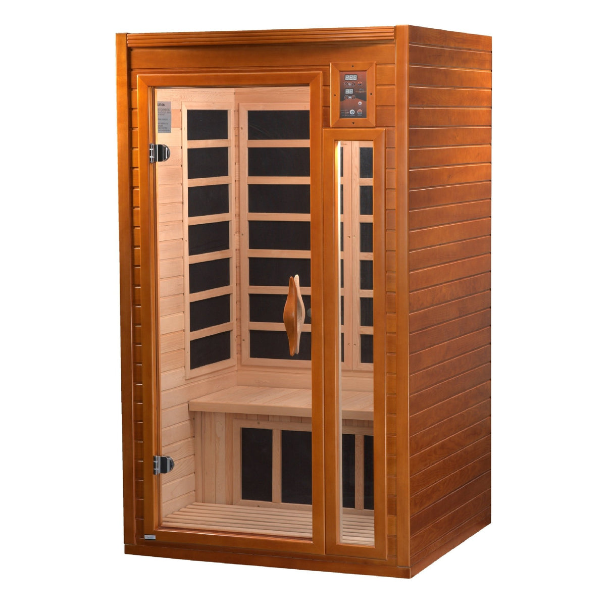 infrared sauna Dynamic Barcelona 1 to 2 person low EMF far infrared model made from Canadian hemlock, angled front-right view