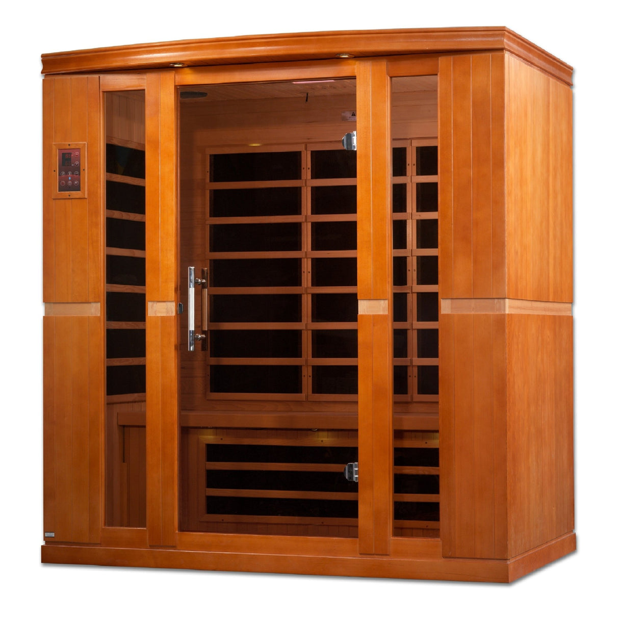infrared sauna Dynamic Bergamo 4-person low EMF far infrared model made from Canadian hemlock, angled front-right view