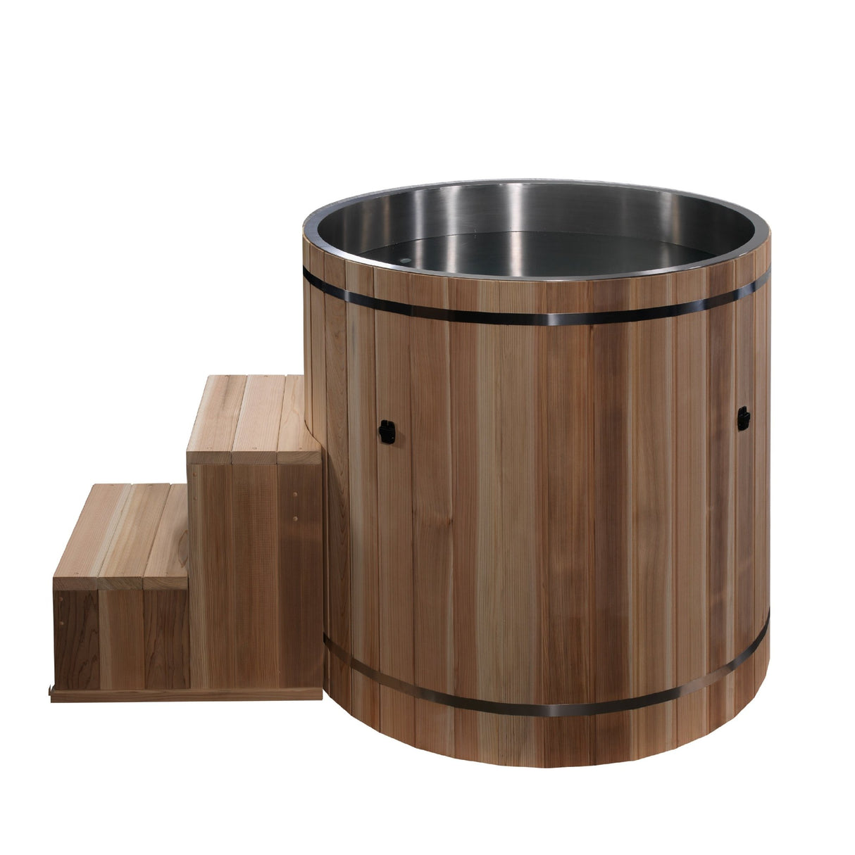 cold plunge Dynamic Cold Therapy cedar barrel with matching steps and 304 stainless steel interior, side view