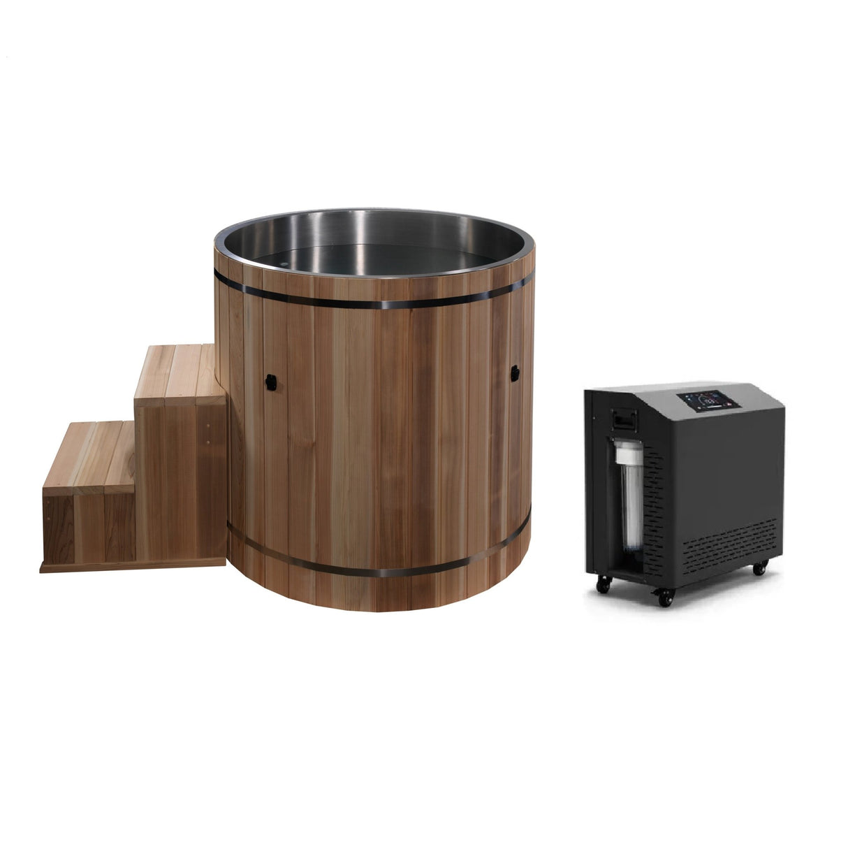 cold plunge Dynamic Cold Therapy cedar barrel with matching steps, 316 stainless steel interior and 1 HP chiller, side view