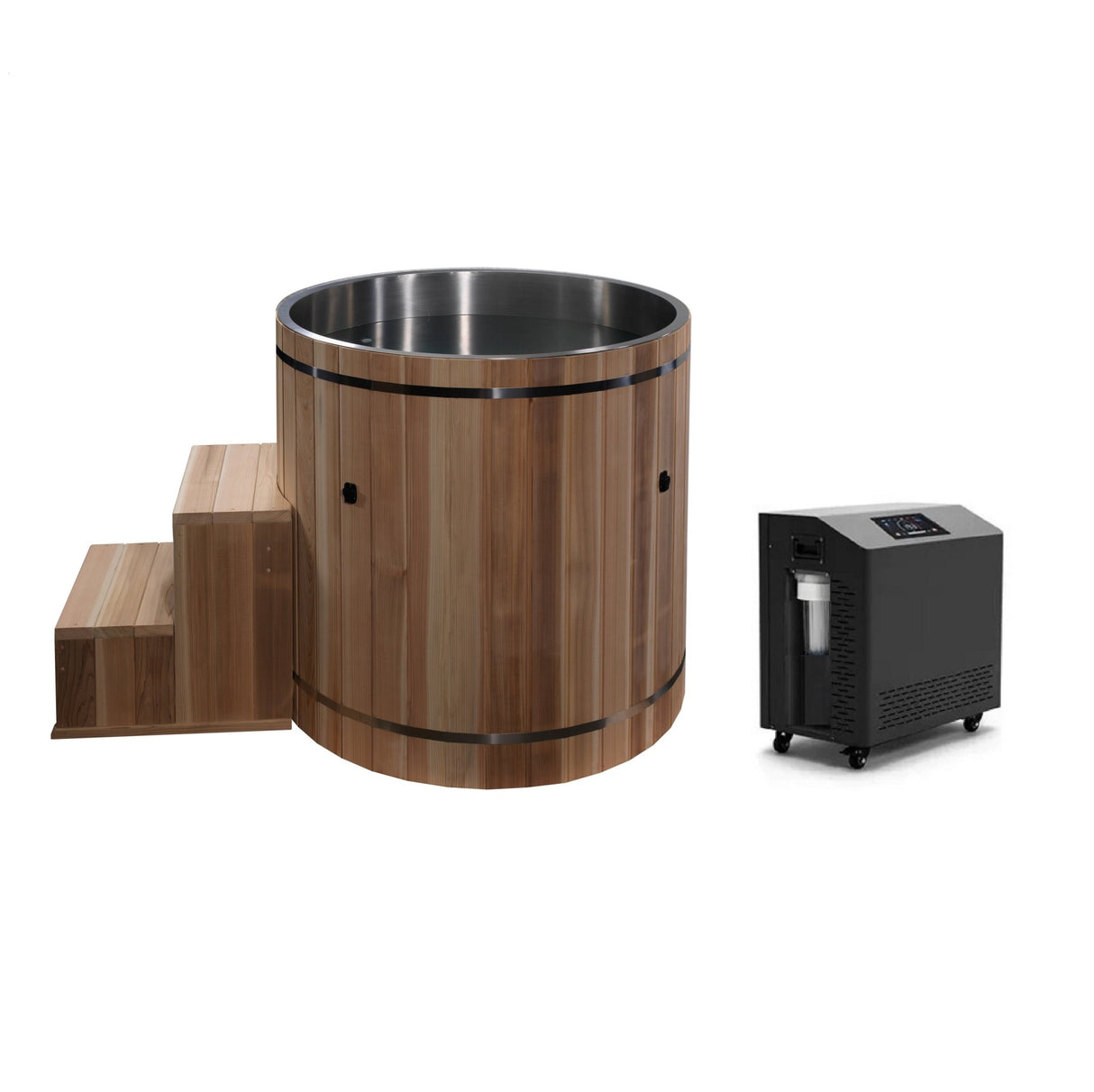 cold plunge Dynamic Cold Therapy cedar barrel with matching steps, 316 stainless steel interior and 0.8 HP chiller, side view