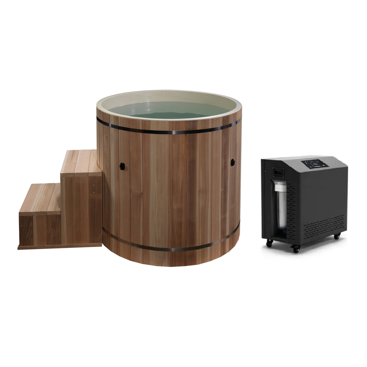 cold plunge Dynamic Cold Therapy cedar barrel with matching steps, composite interior, and 1 horsepower chiller, side view