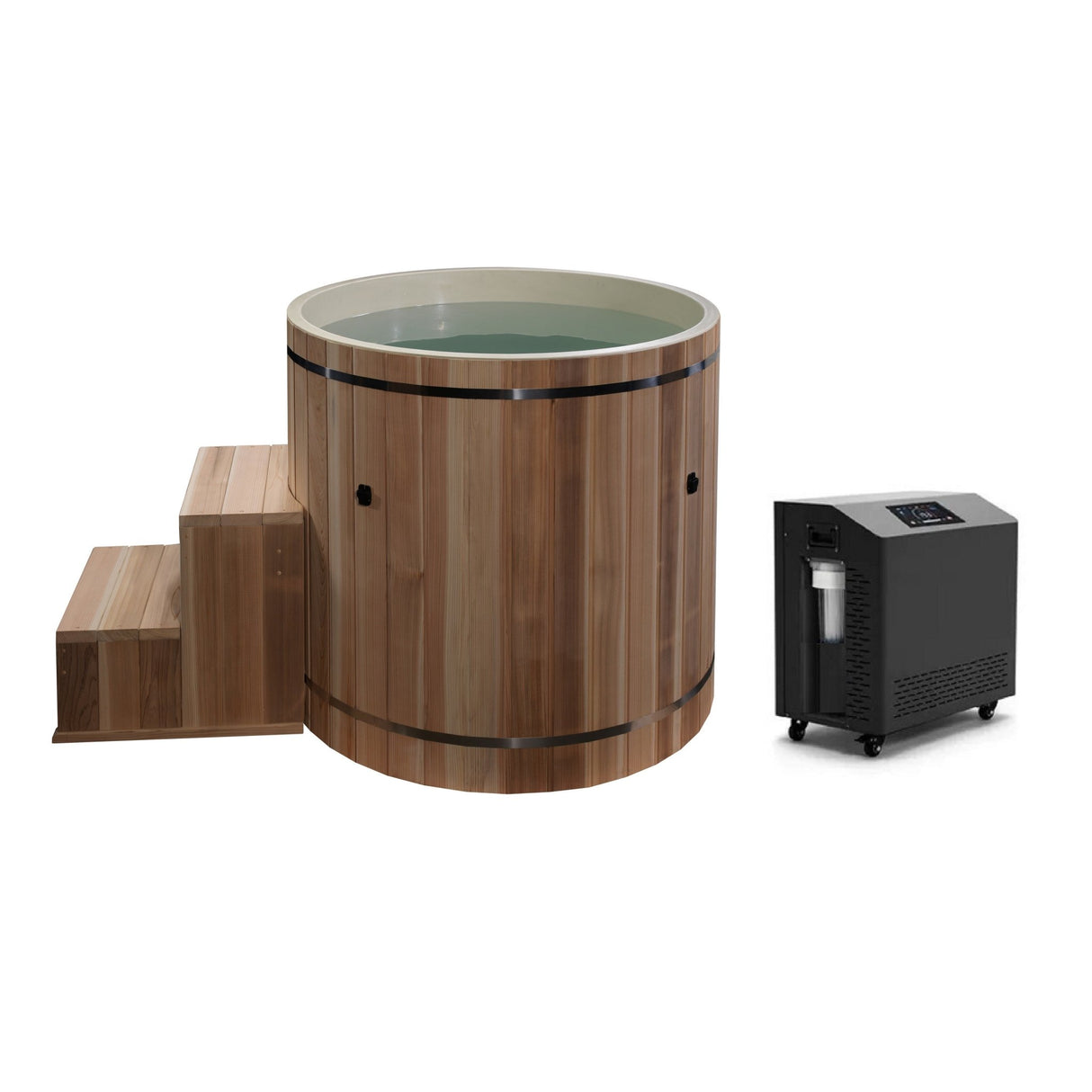 cold plunge Dynamic Cold Therapy cedar barrel with matching steps, composite interior, and 0.8 horsepower chiller, side view