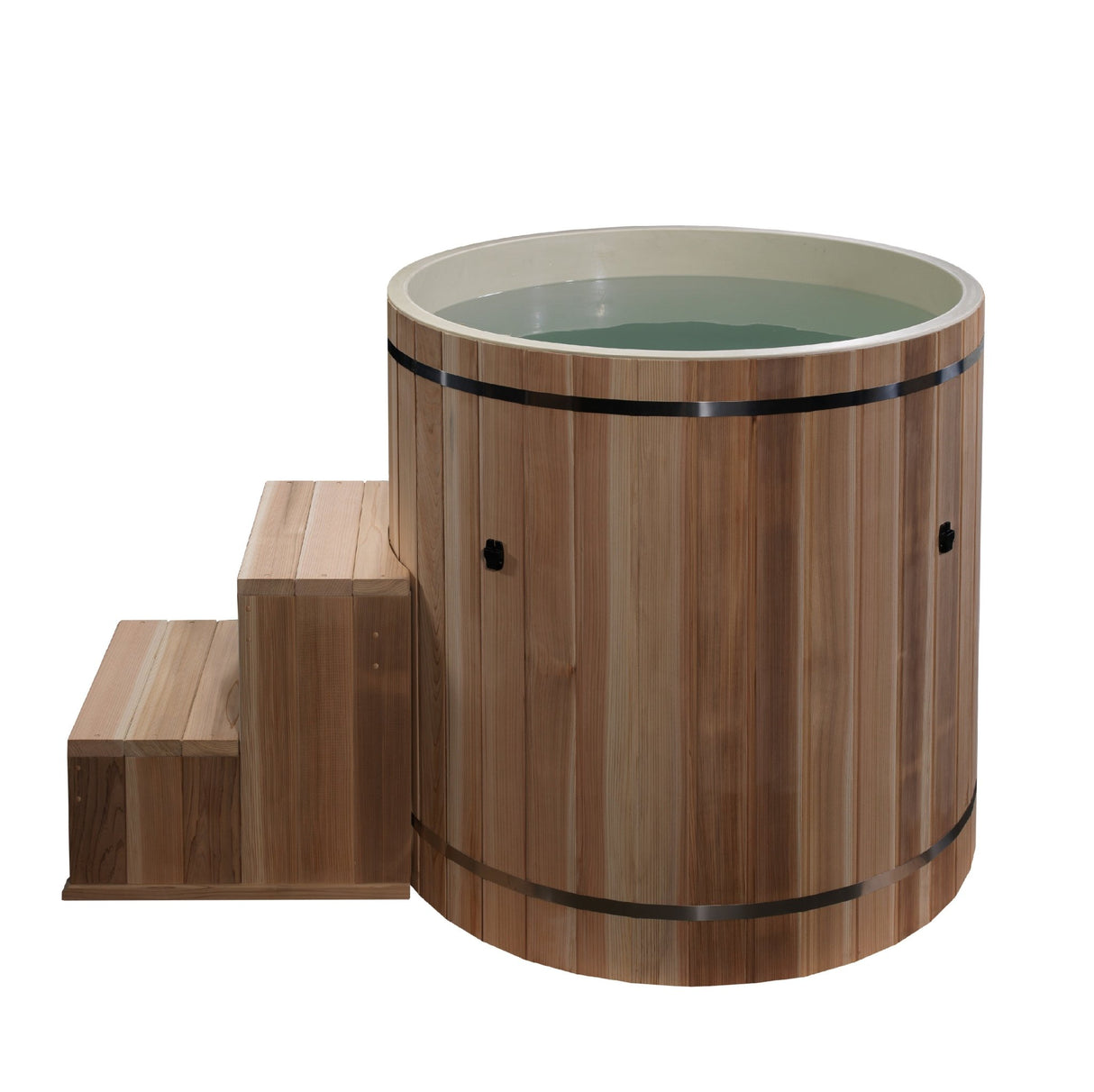 cold plunge Dynamic Cold Therapy cedar barrel with matching steps and composite interior, side view