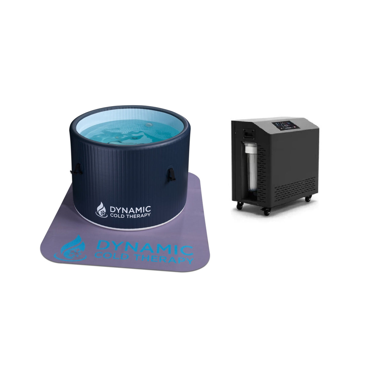 cold plunge Dynamic Cold Therapy inflatable barrel model with chiller unit and anti-slip mat, front-right view