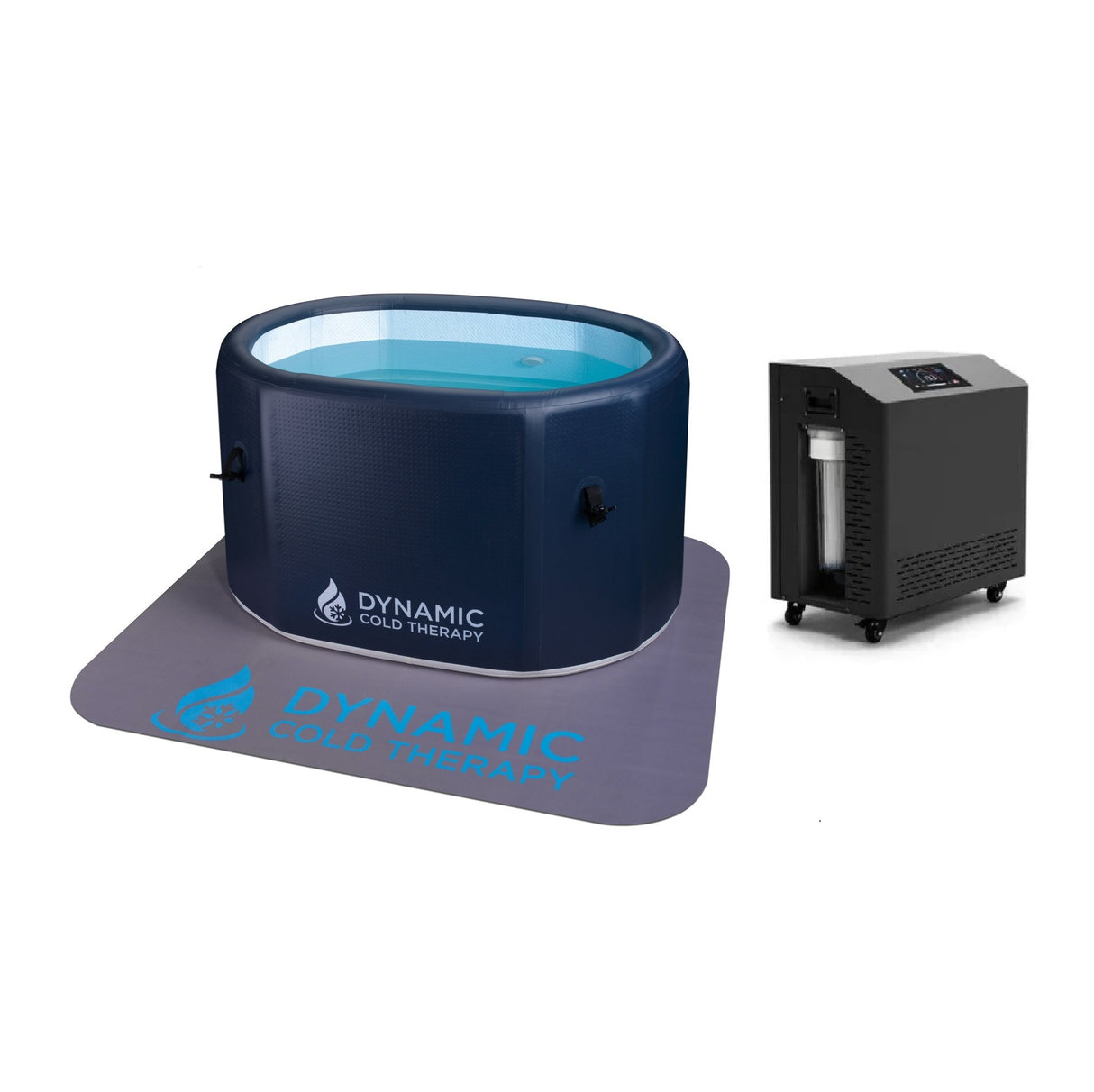 cold plunge Dynamic Cold Therapy inflatable tub with chiller unit and anti-slip mat, front-right view