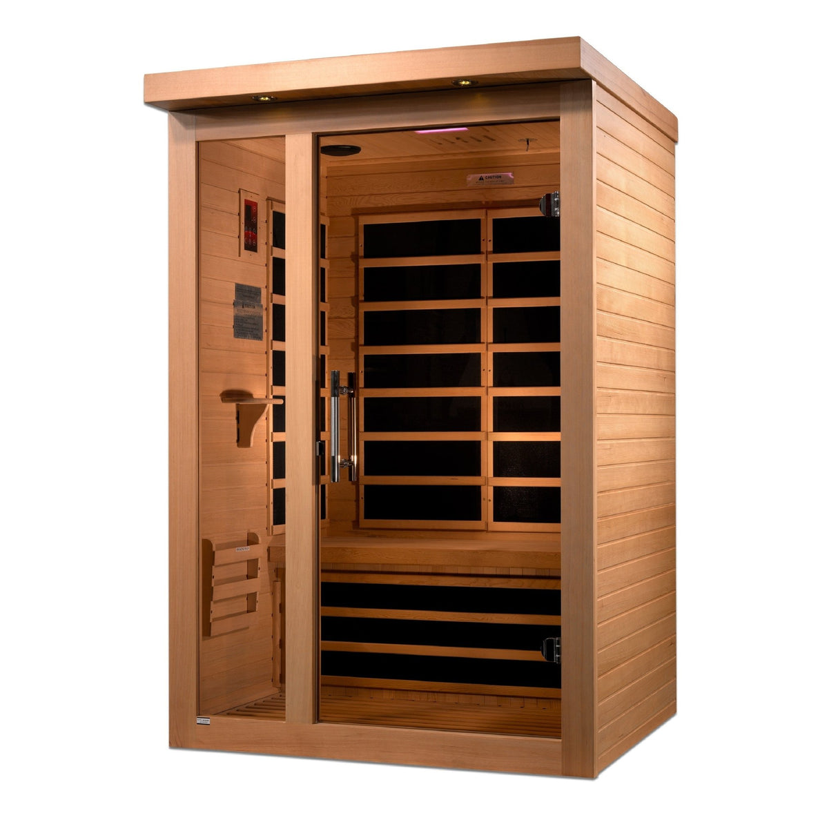 infrared sauna Dynamic Llumeneres Elite 2-person ultra low EMF far infrared model, angled front-right view