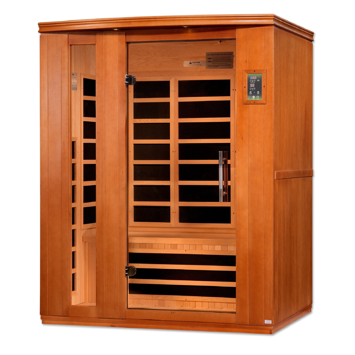 infrared sauna Dynamic Lugano Elite 3-person ultra low EMF far infrared model made from Canadian hemlock, front-right view