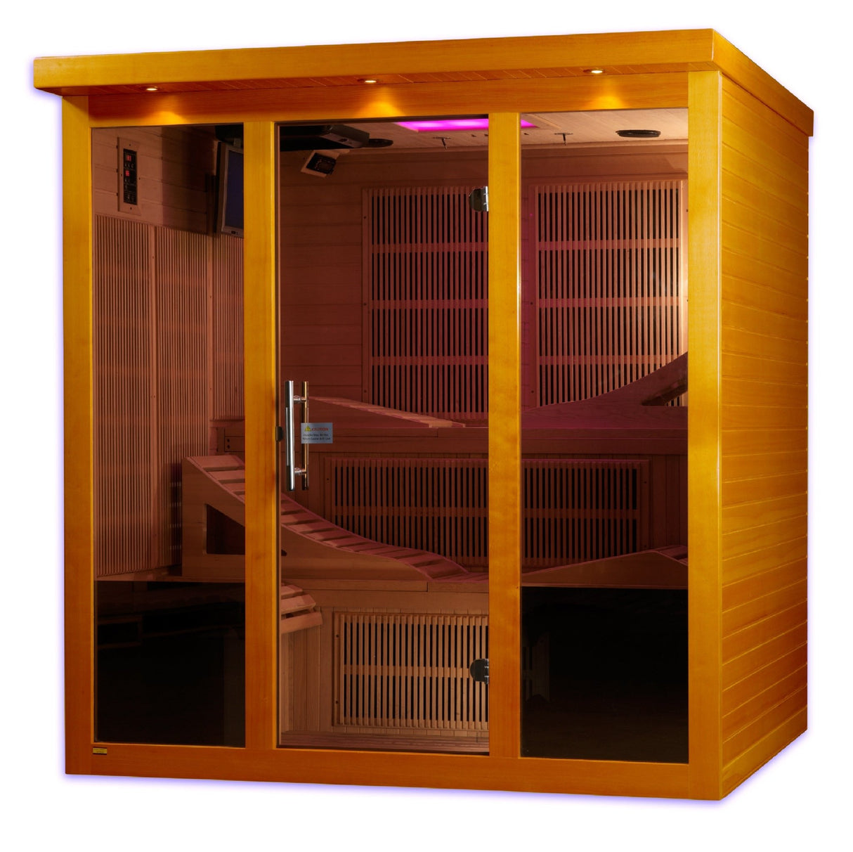 infrared sauna Dynamic Monaco Elite 6-person ultra low EMF far infrared model made from hemlock, angled front-right view