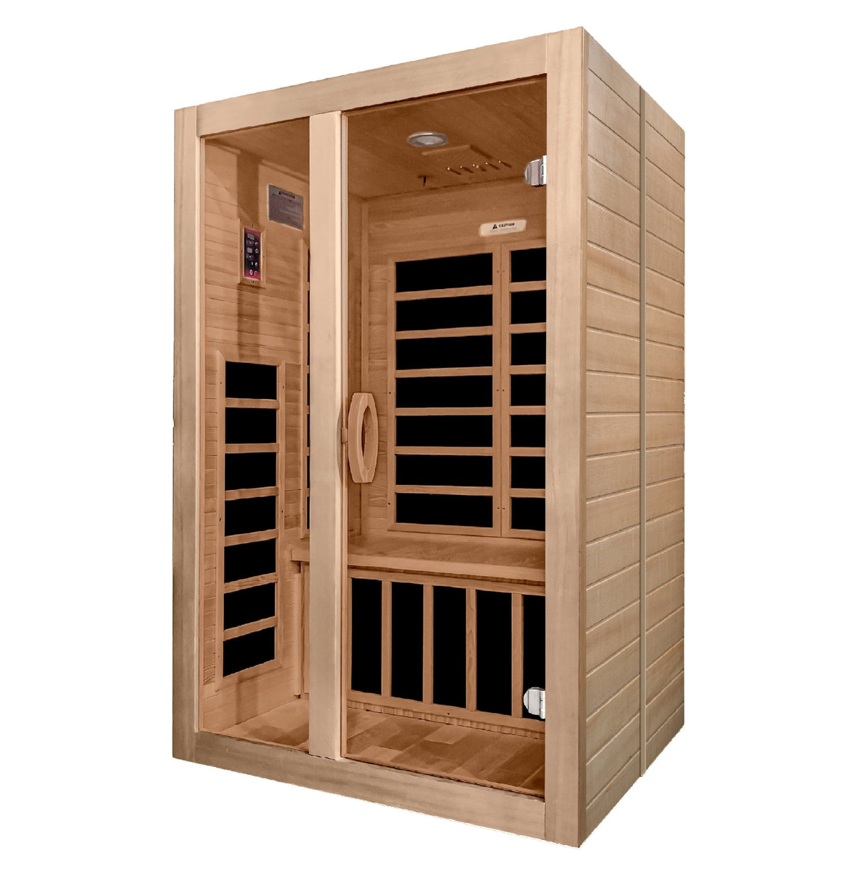 infrared sauna Dynamic Santiago 2-person low EMF far infrared model made from Canadian hemlock, angled front-right view