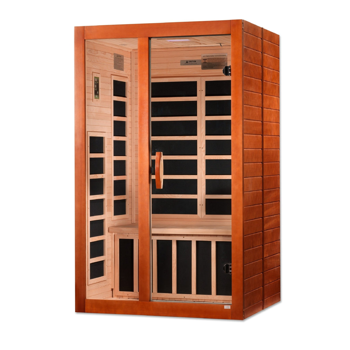 infrared sauna Dynamic Santiago Elite 2-person ultra low EMF far infrared model made from Canadian hemlock, front-right view