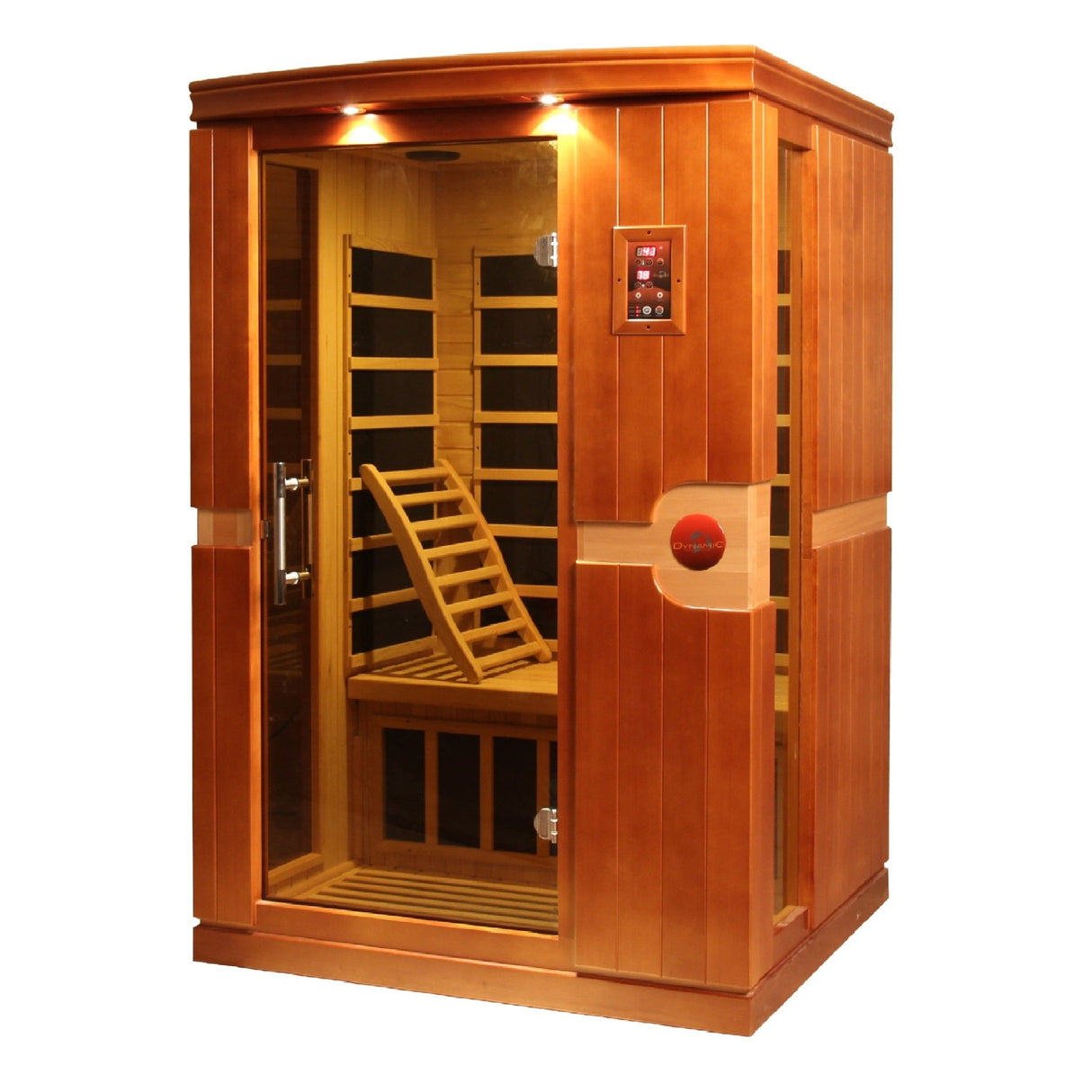 infrared sauna Dynamic Venice 2-person low EMF far infrared model made from Canadian hemlock, angled front-right view