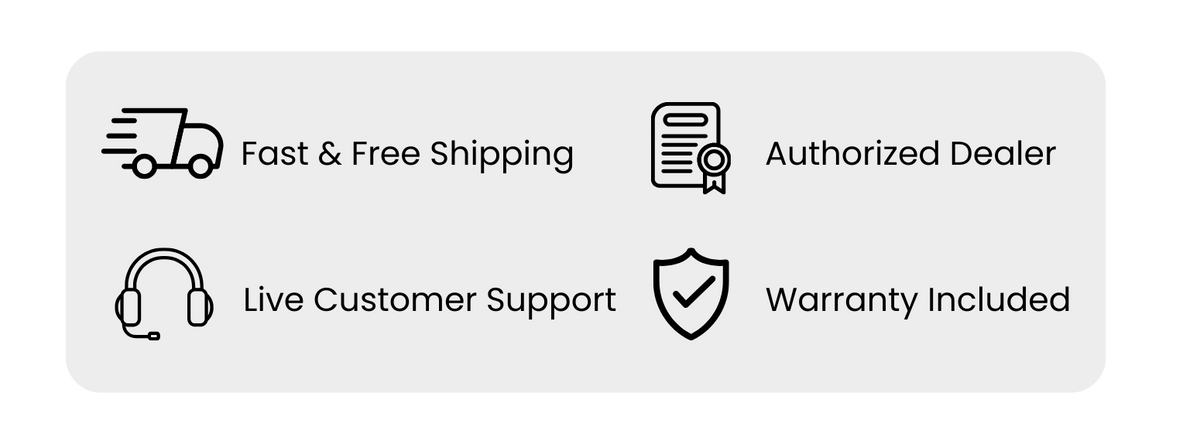 Trust badges featuring free shipping, authorized dealer, live support, and warranty included on product page.