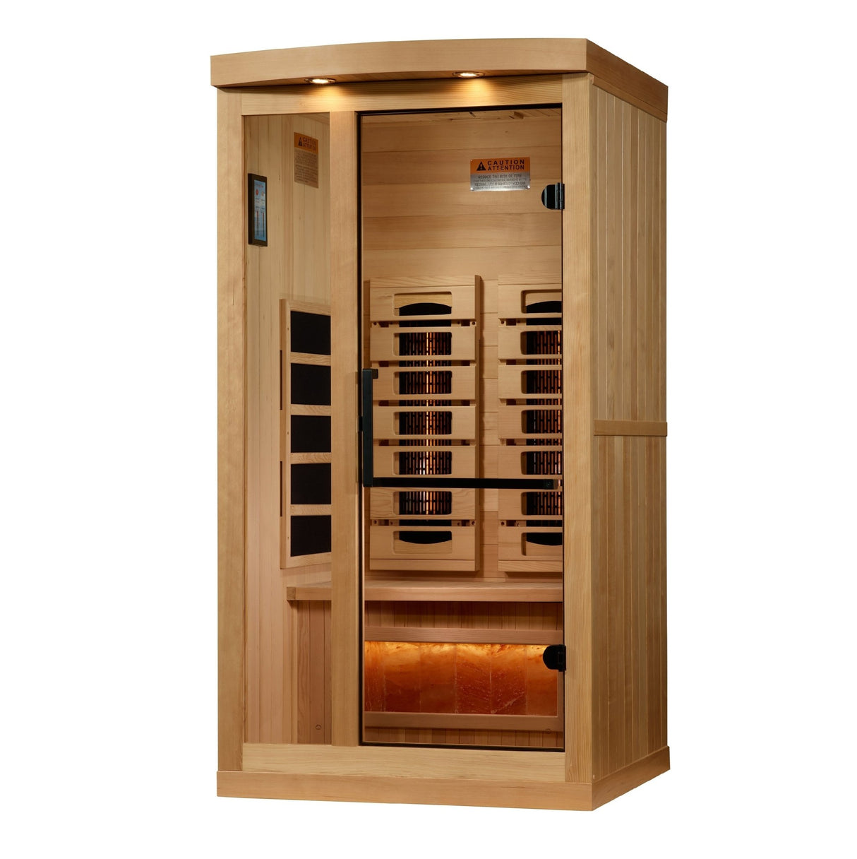 infrared sauna Golden Designs 2025 Reserve Series 1 to 2 person full spectrum model with Himalayan salt bar, front-right view