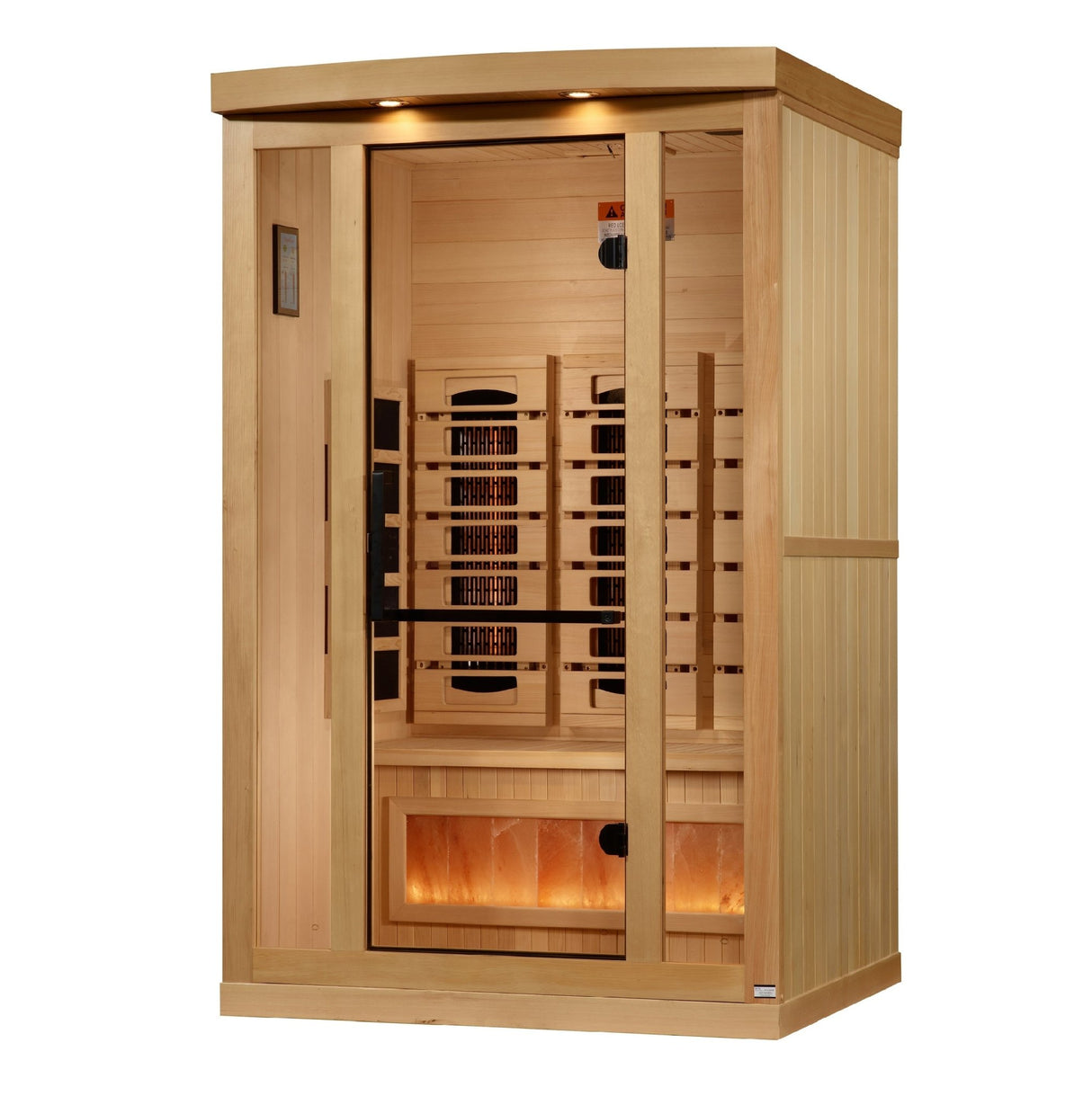 infrared sauna Golden Designs 2025 Reserve Series 2-person full spectrum model with Himalayan salt bar, front-right view