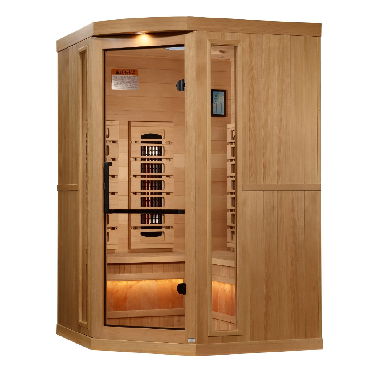 infrared sauna Golden Designs 2025 Reserve Series 3-person corner full spectrum model with Himalayan salt, front-right view