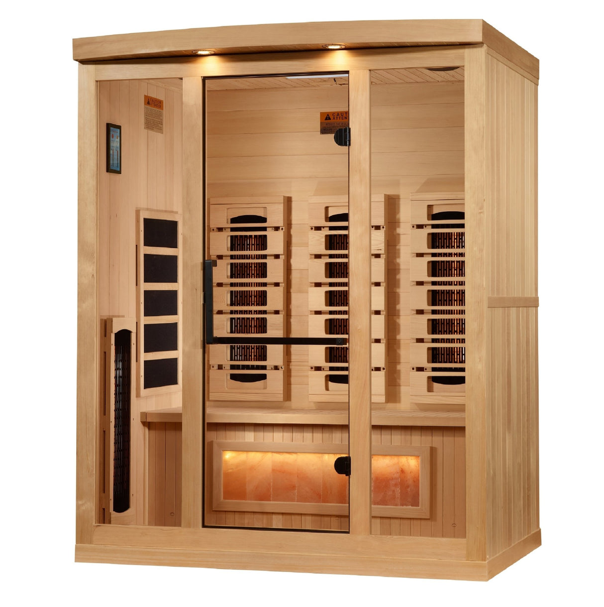 infrared sauna Golden Designs 2025 Reserve Series 3-person full spectrum model with Himalayan salt bar, front-right view
