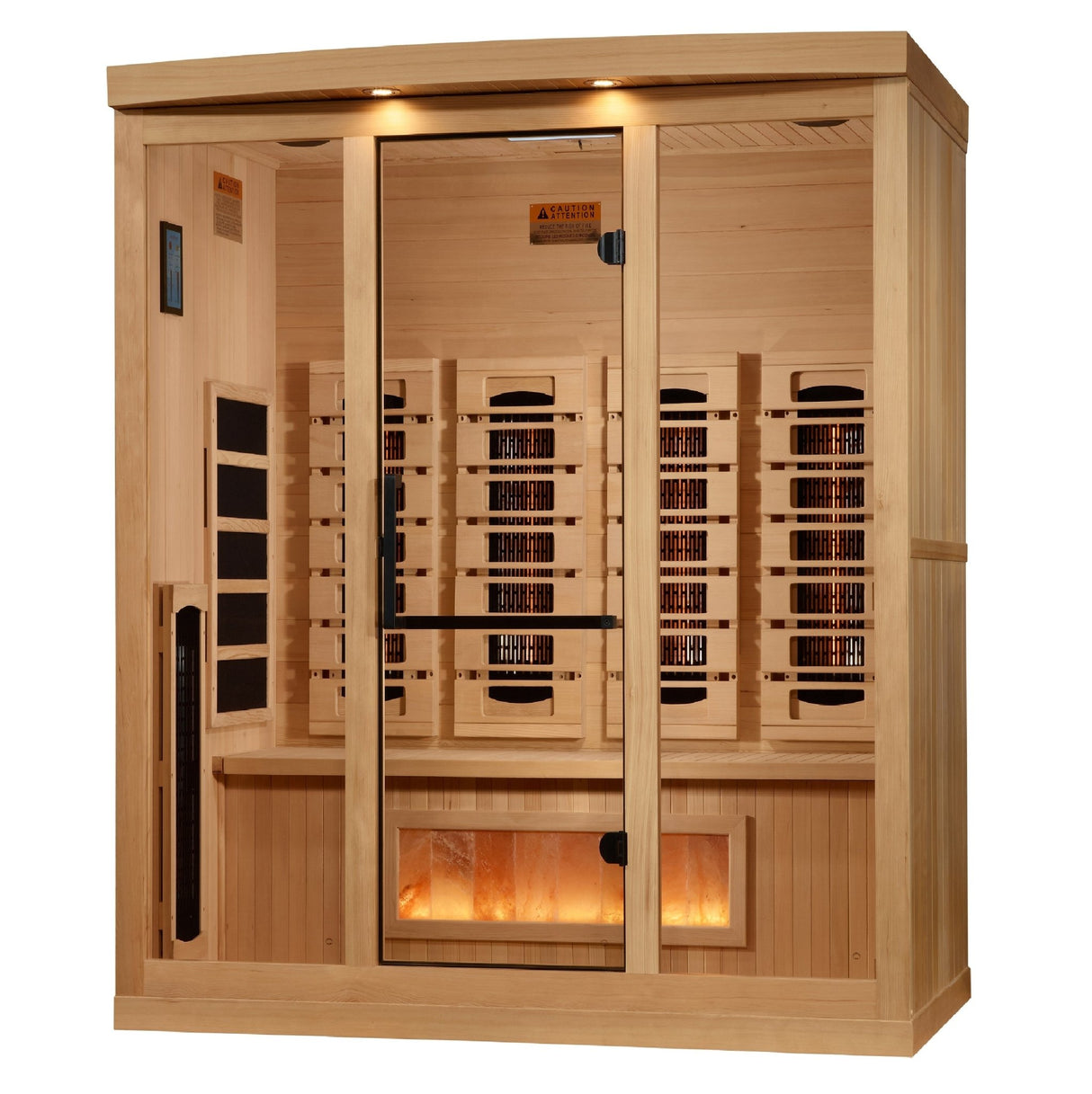 infrared sauna Golden Designs 2025 Reserve Series 4-person full spectrum model with Himalayan salt bar, front-right view