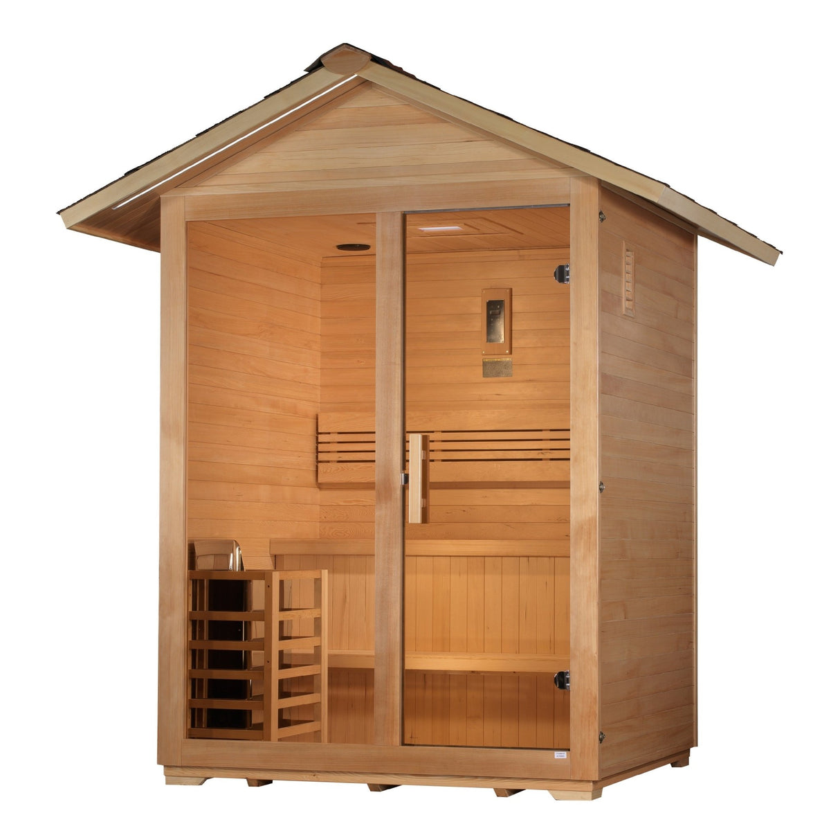 outdoor sauna Golden Designs Arlberg 3-person traditional model, angled front-right view
