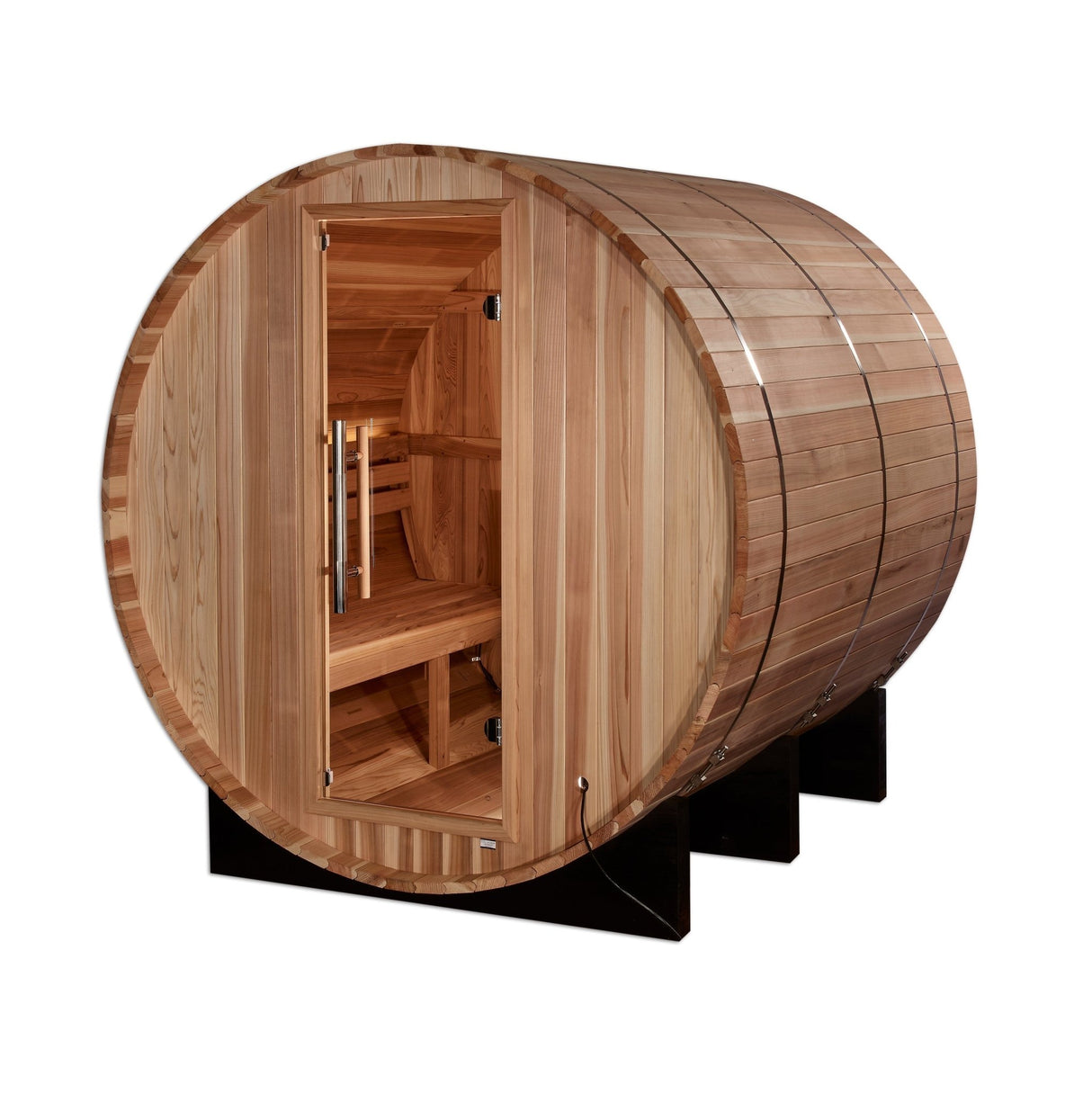 barrel sauna Golden Designs Arosa 4-person outdoor cedar model, angled front-right view
