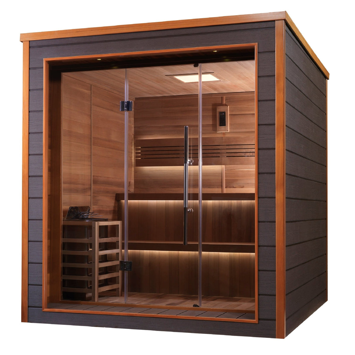 home sauna Golden Designs Bergen 6-person traditional model with cedar interior and all weather exterior, front-right view