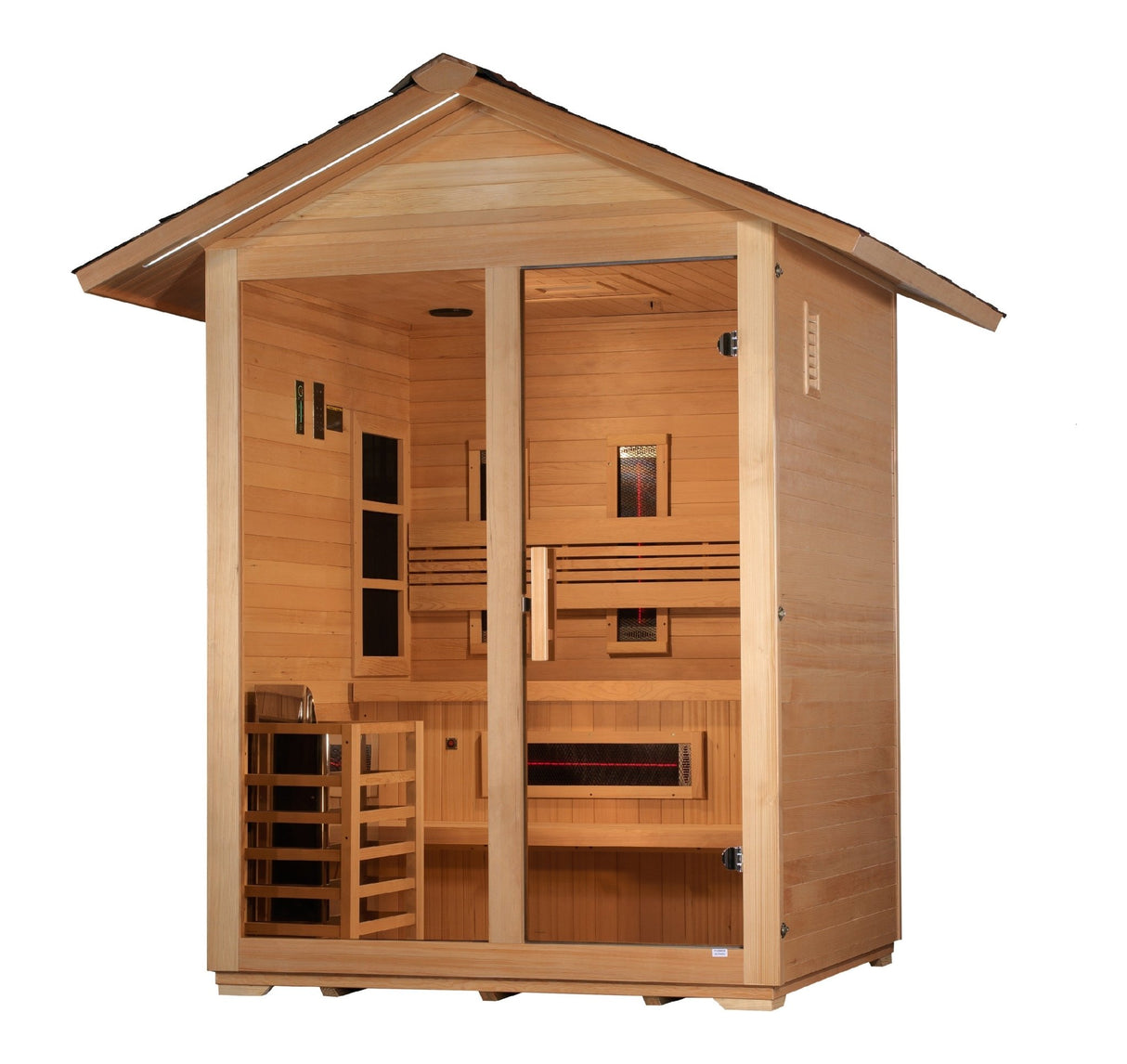 outdoor sauna Golden Designs Carinthia 3-person full-spectrum hybrid model, angled front-right view