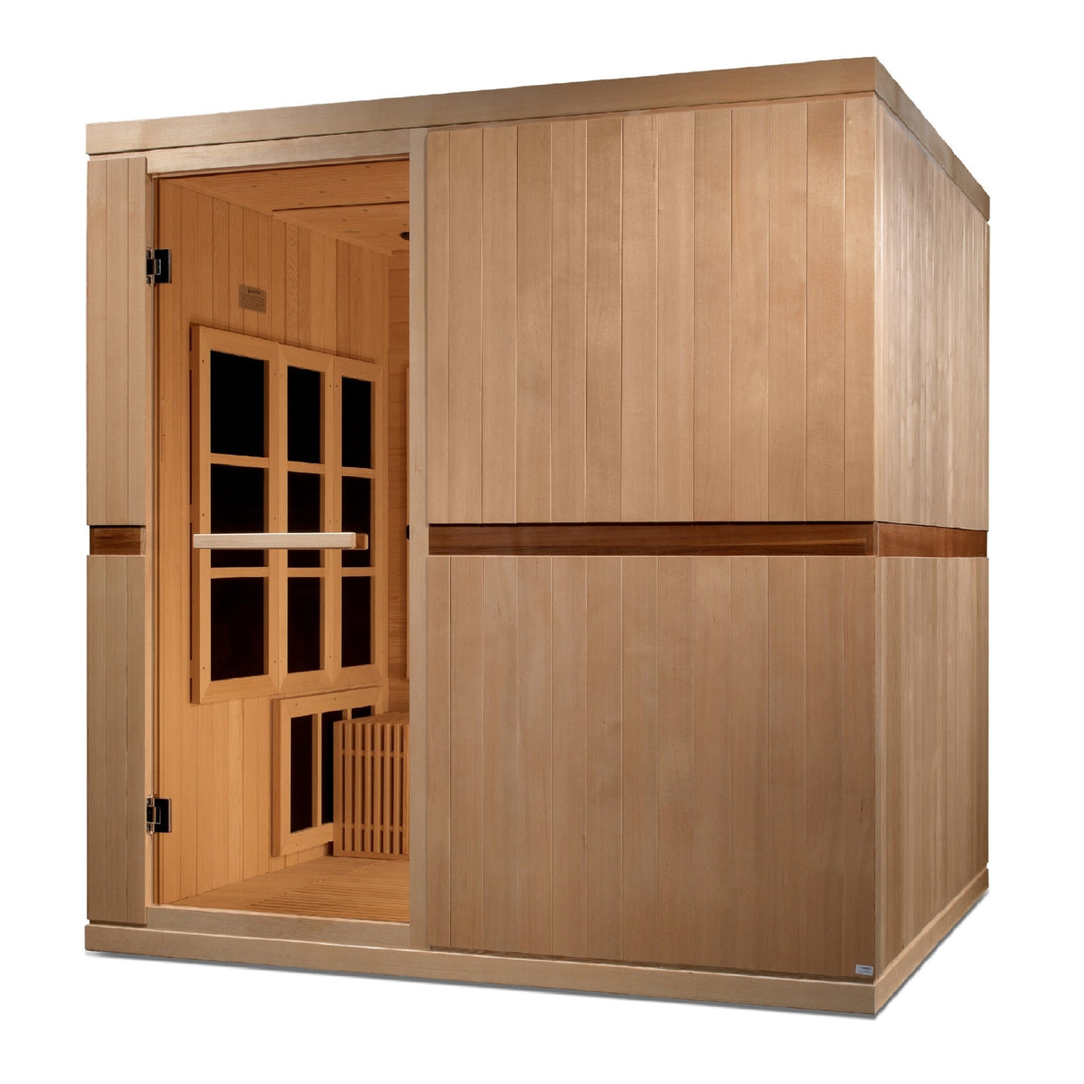 infrared sauna Golden Designs Catalonia 8-person near zero EMF model made from Canadian hemlock, angled front-right view