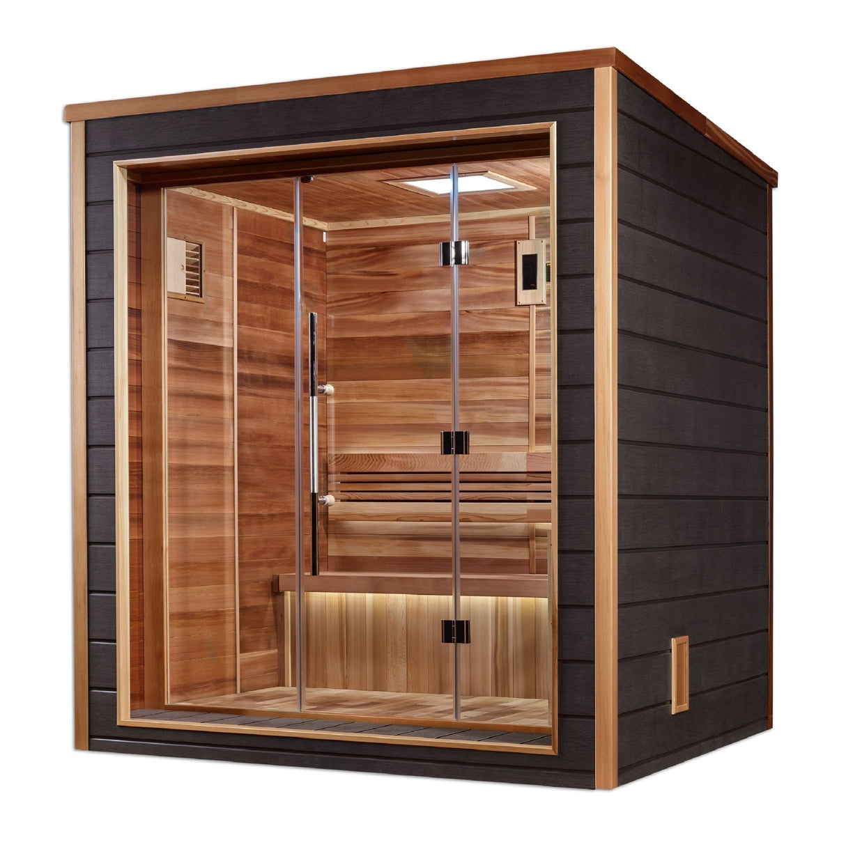 home sauna Golden Designs Drammen 3-person traditional model with cedar interior and all weather exterior, front-right view