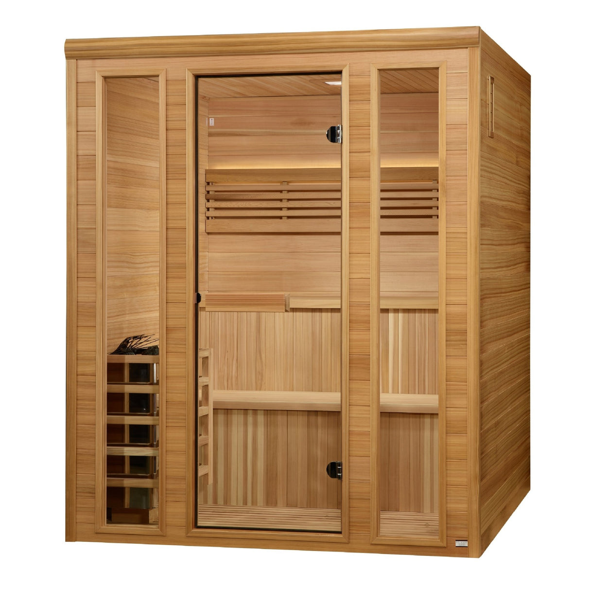 home sauna Golden Designs Engelberg 4 to 6 person traditional model, angled front-right view