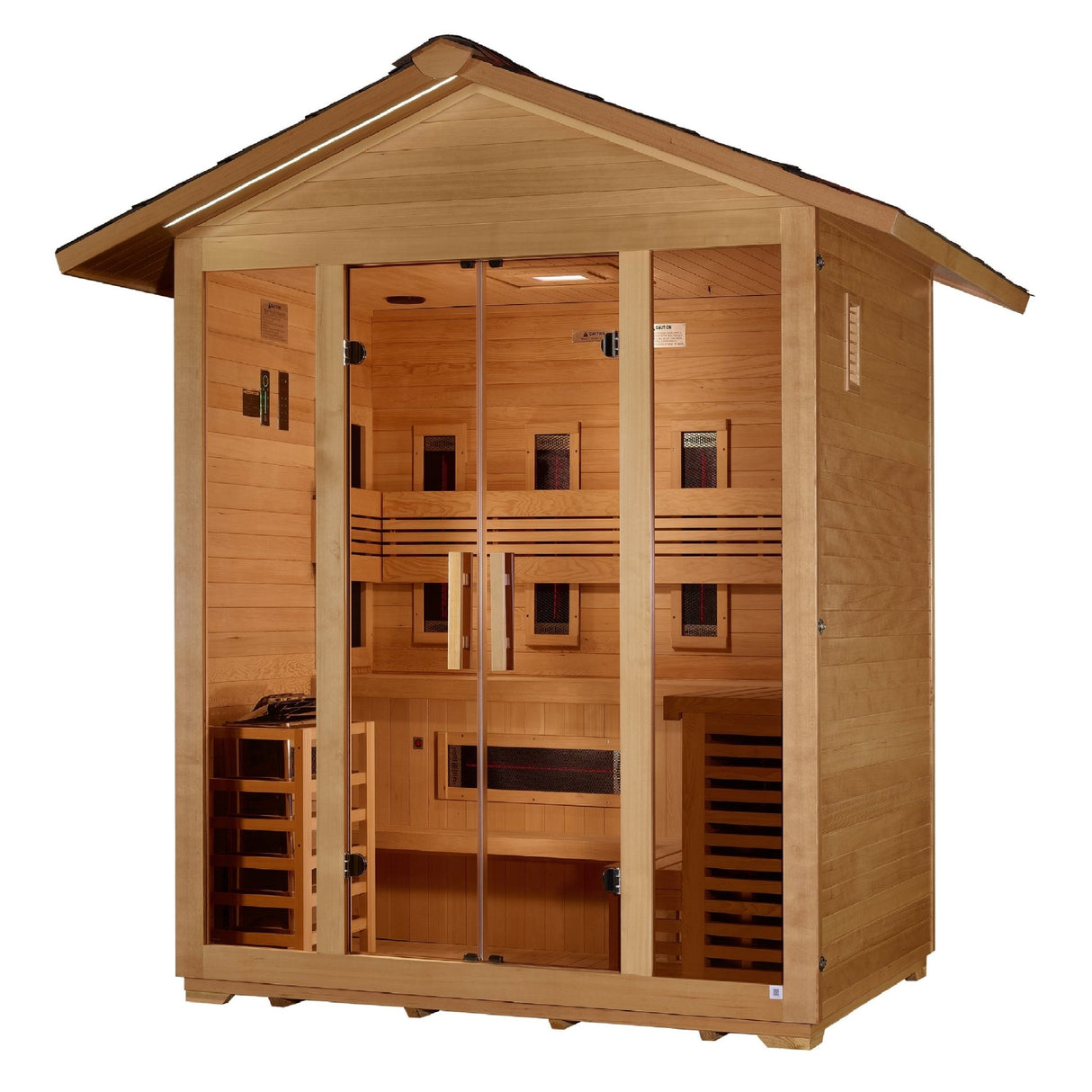 outdoor sauna Golden Designs Gargellen 5-person full-spectrum hybrid model, angled front-right view