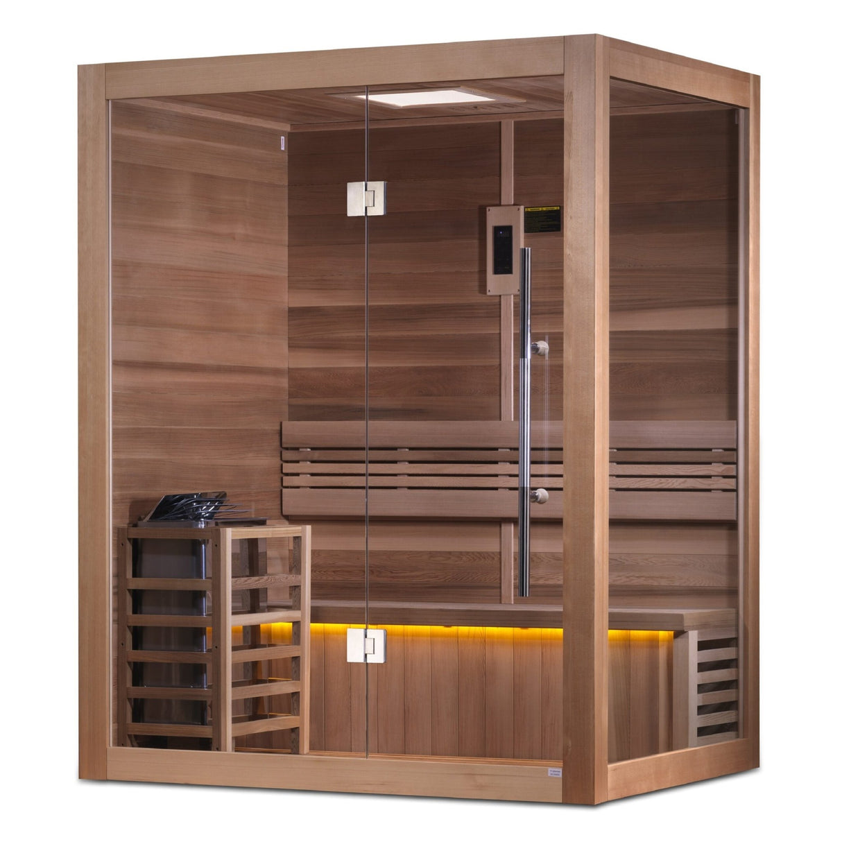 home sauna Golden Designs Hanko Edition 2-person traditional cedar model, angled front-right view
