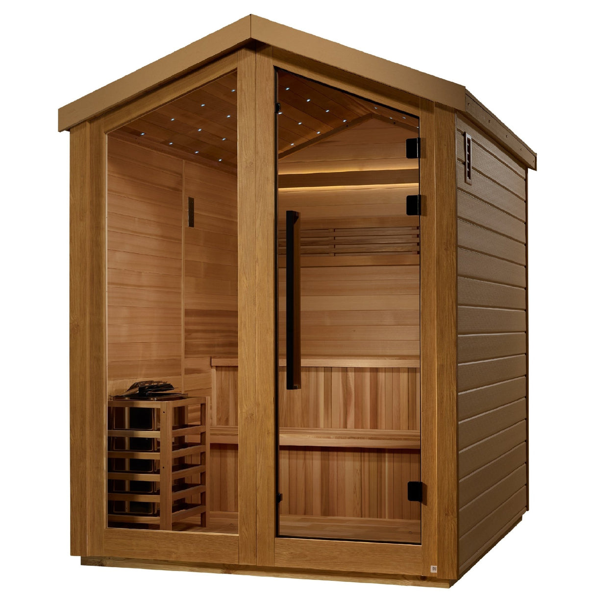 outdoor sauna Golden Designs Kaarina 6-person traditional model with cedar interior, angled front-right view