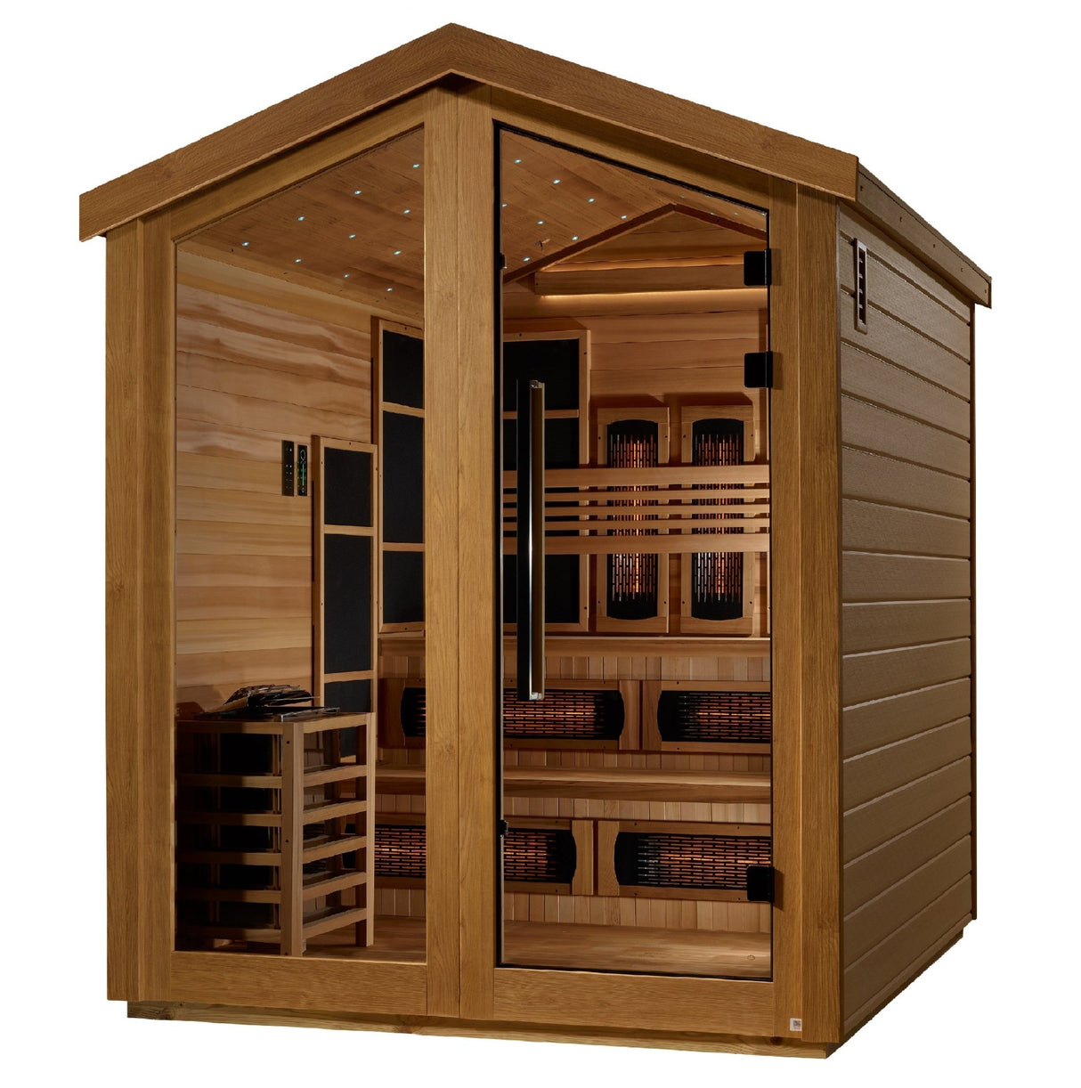 outdoor sauna Golden Designs Kaskinen 6-person full-spectrum hybrid model with cedar interior, angled front-right view