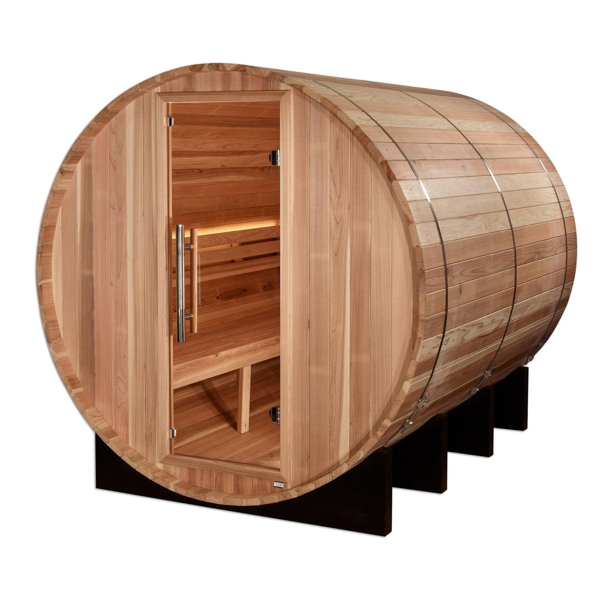 barrel sauna Golden Designs Klosters 6-person outdoor cedar model, angled front-right view