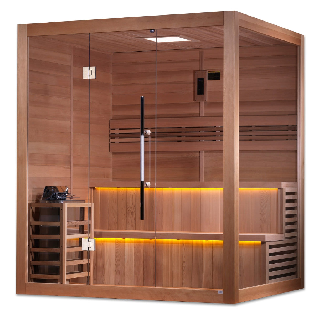 home sauna Golden Designs Kuusamo Edition 6-person traditional cedar model, angled front-right view