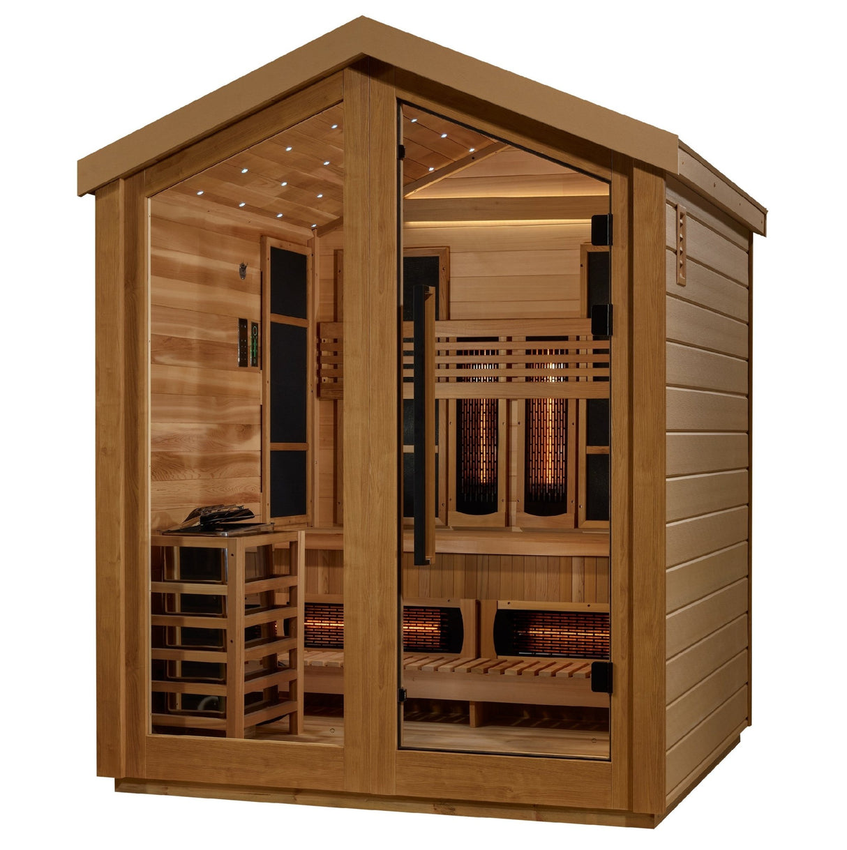 outdoor sauna Golden Designs Loviisa 3-person full spectrum hybrid model with cedar interior, angled front-right view