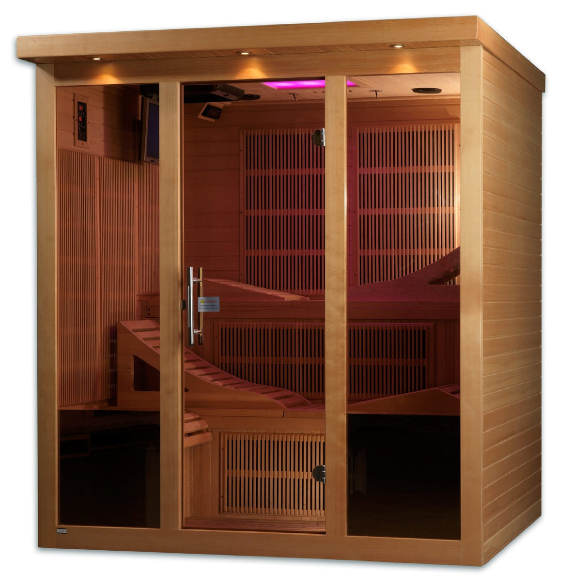 infrared sauna Golden Designs Monaco 6-person near zero EMF far infrared model made from Canadian hemlock, front-right view
