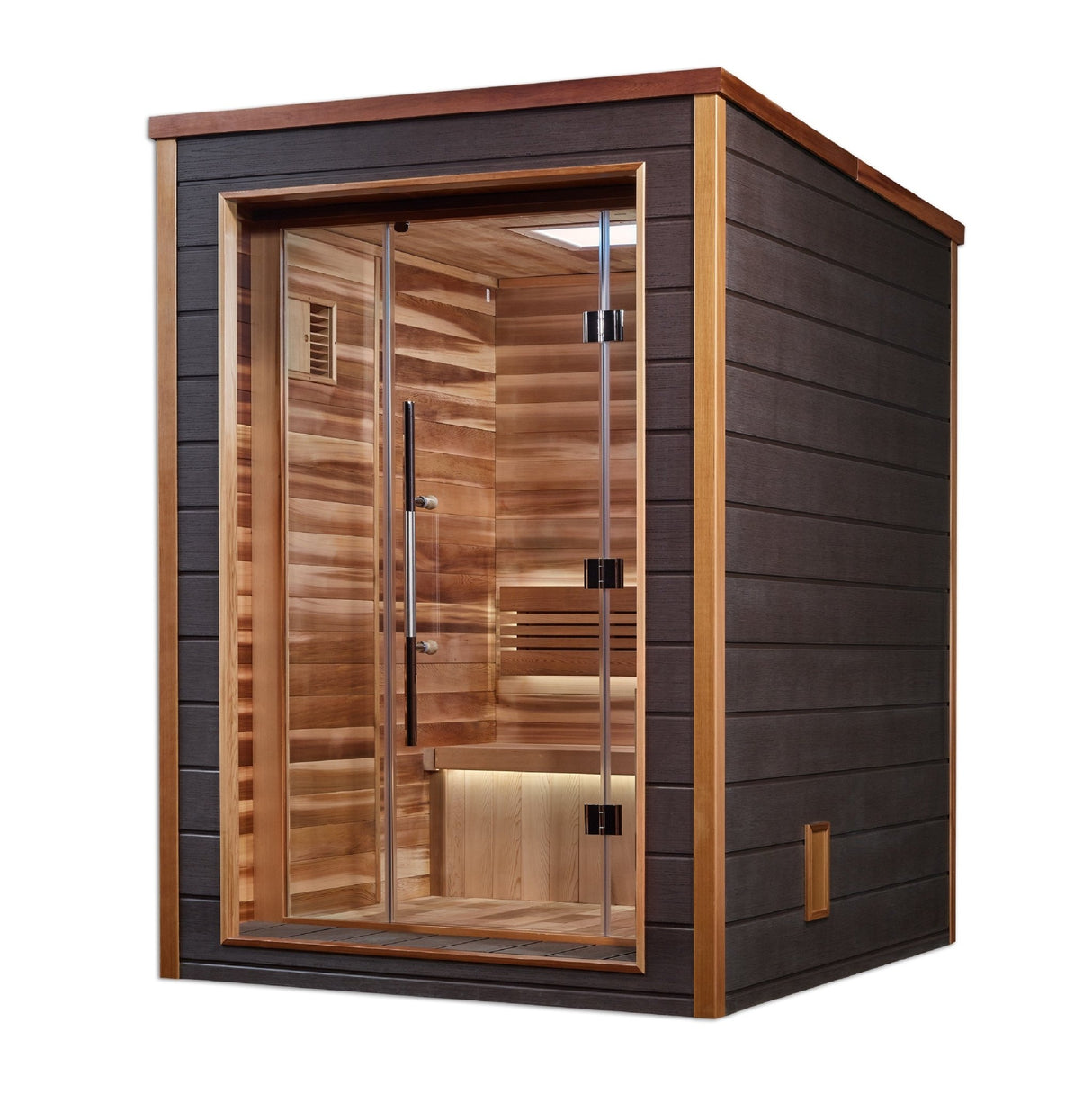 home sauna Golden Designs Narvik 2-person traditional model with cedar interior and all weather exterior, front-right view