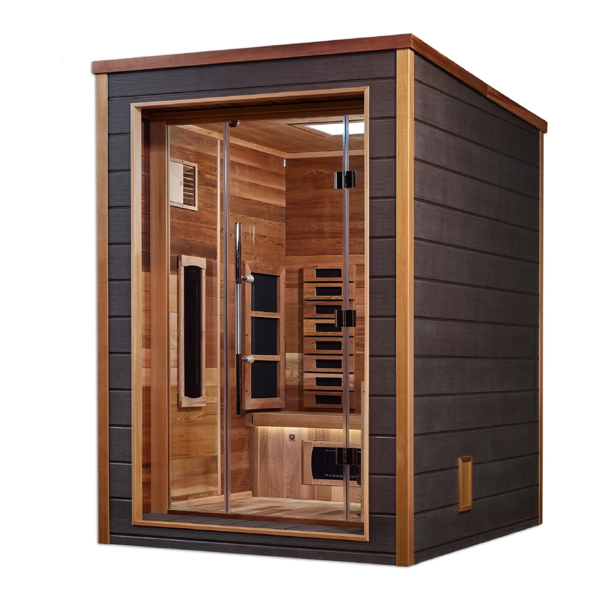 home sauna Golden Designs Nora 2-person full spectrum hybrid model with cedar interior, angled front-right view