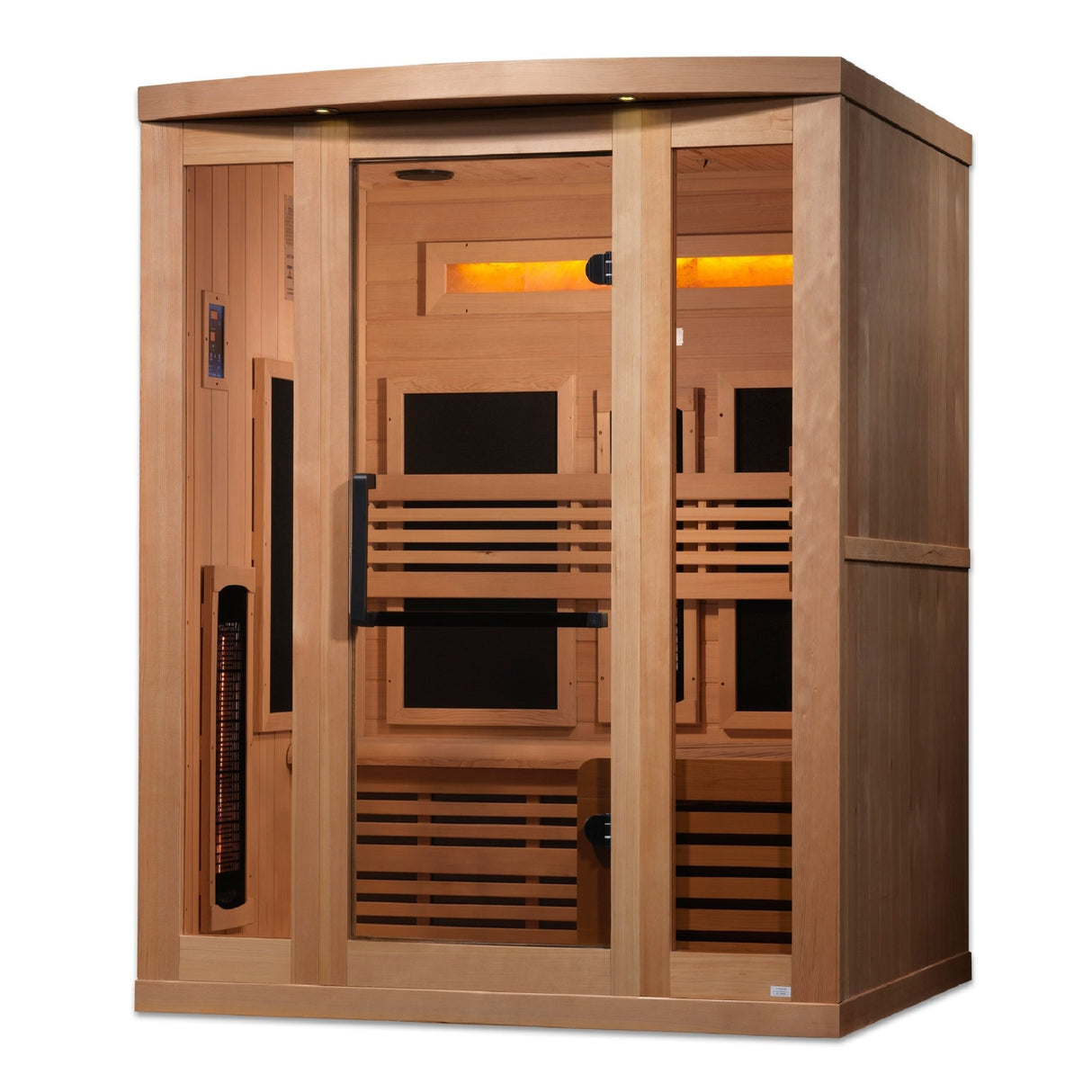 infrared sauna Golden Designs Reserve Series 3-person full spectrum infrared model with Himalayan salt bar, front-right view