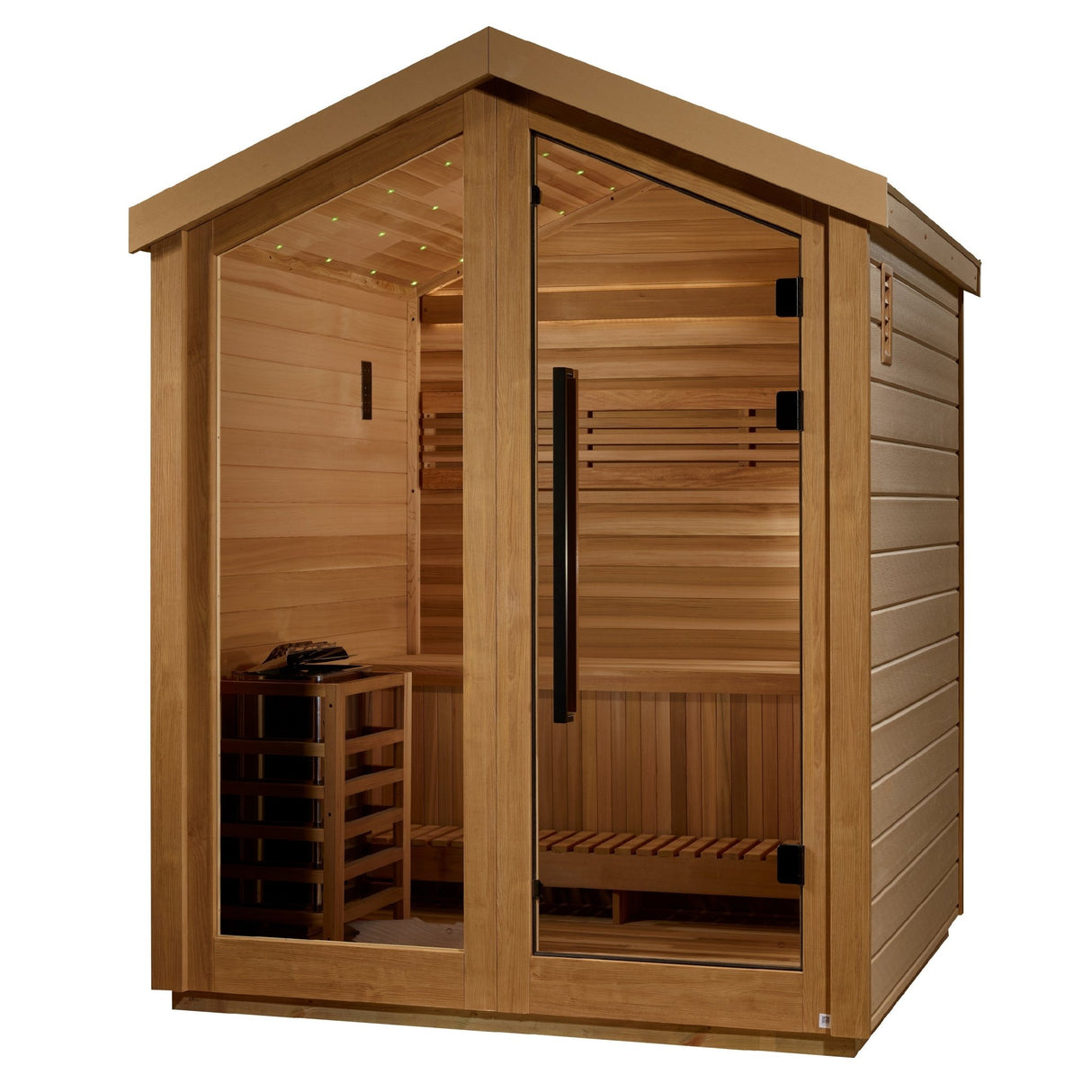 outdoor sauna Golden Designs Savonlinna 3-person traditional model with cedar interior, angled front-right view