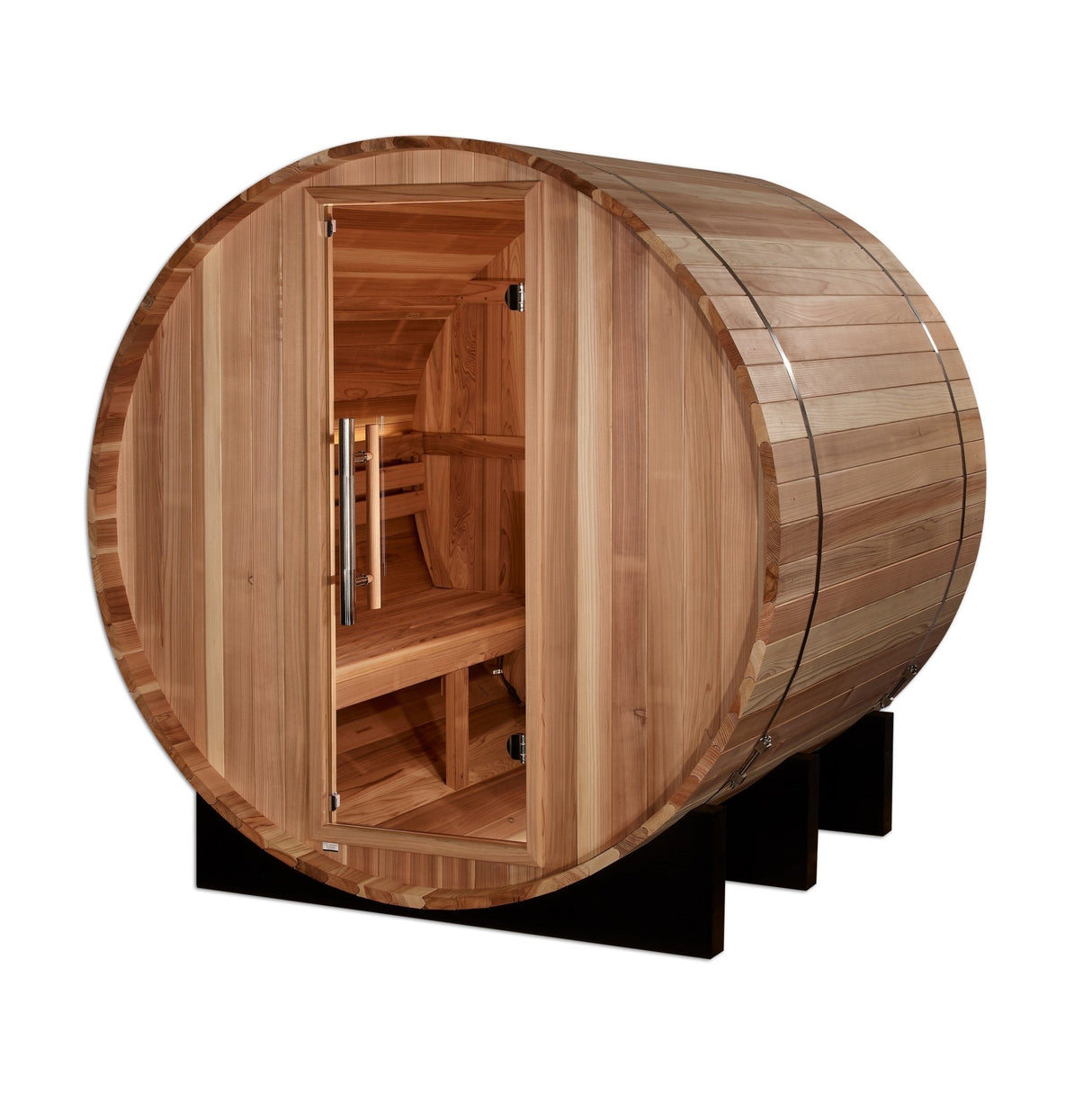 barrel sauna Golden Designs St. Moritz 2-person outdoor cedar model, angled front-right view