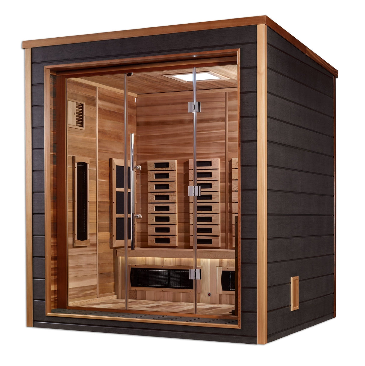 home sauna Golden Designs Visby 3-person full spectrum hybrid model with cedar interior, angled front-right view
