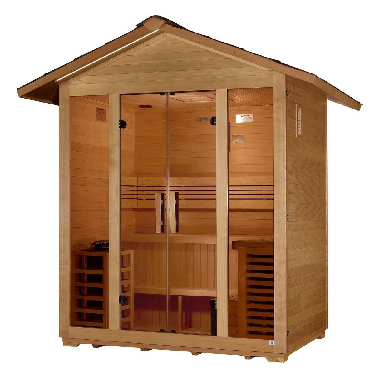 outdoor sauna Golden Designs Vorarlberg 5-person traditional model, angled front-right view