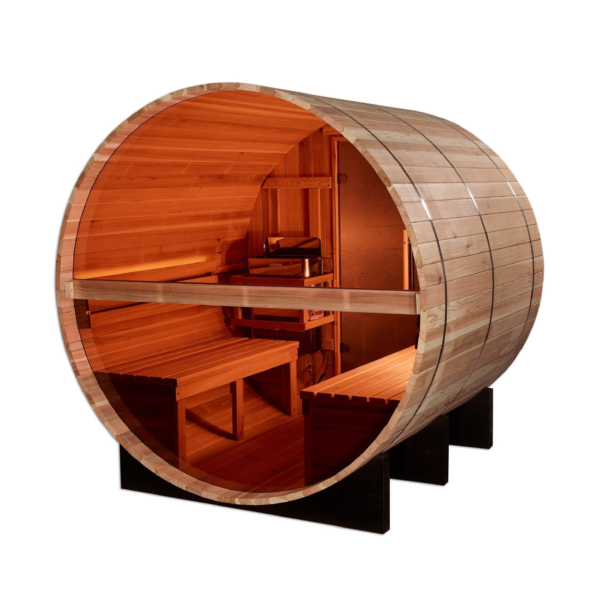 barrel sauna Golden Designs Zurich 4-person outdoor cedar model with panoramic bronze privacy glass, angled rear-right view