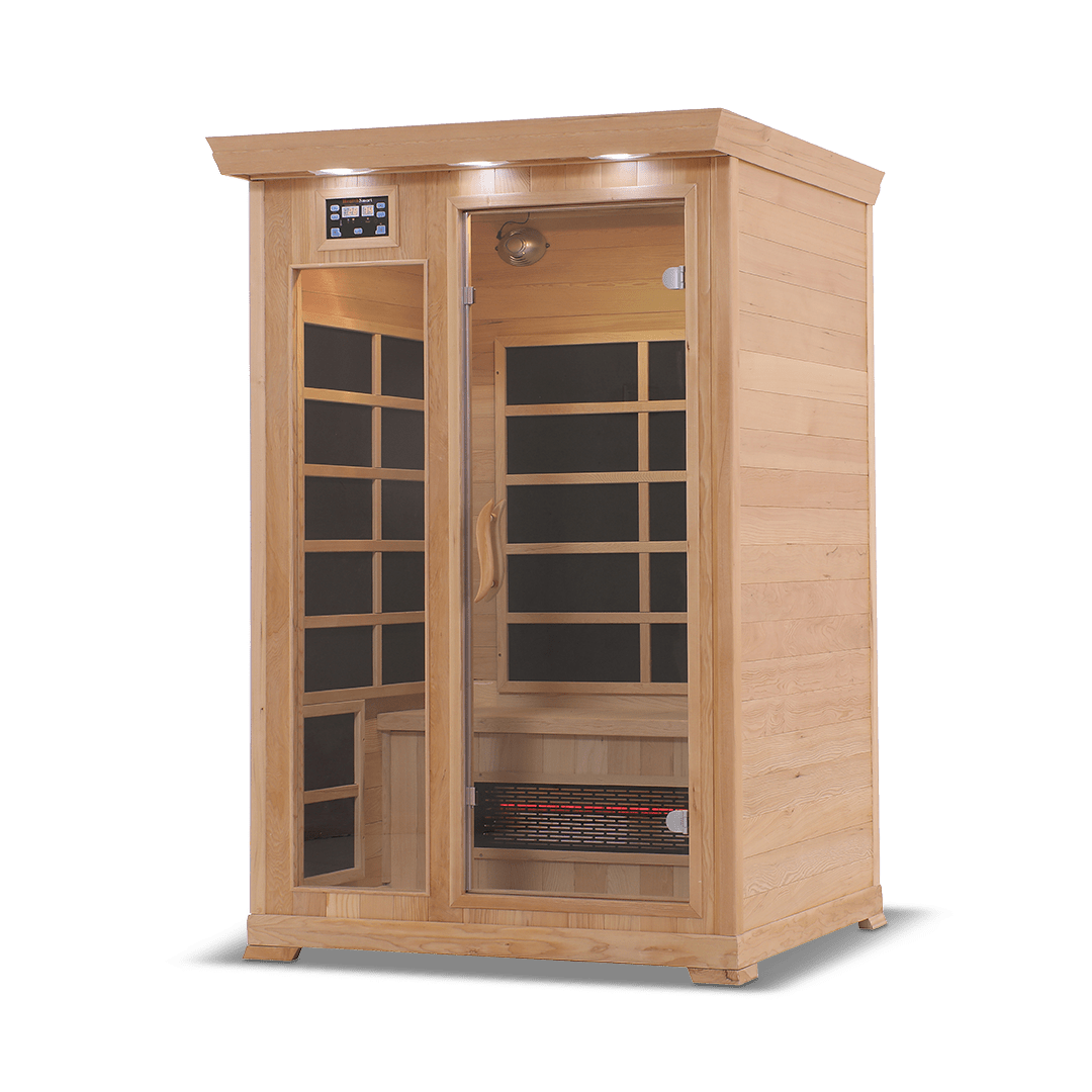 infrared sauna Healthsmart 2-person full spectrum model made from hemlock, angled front-right view