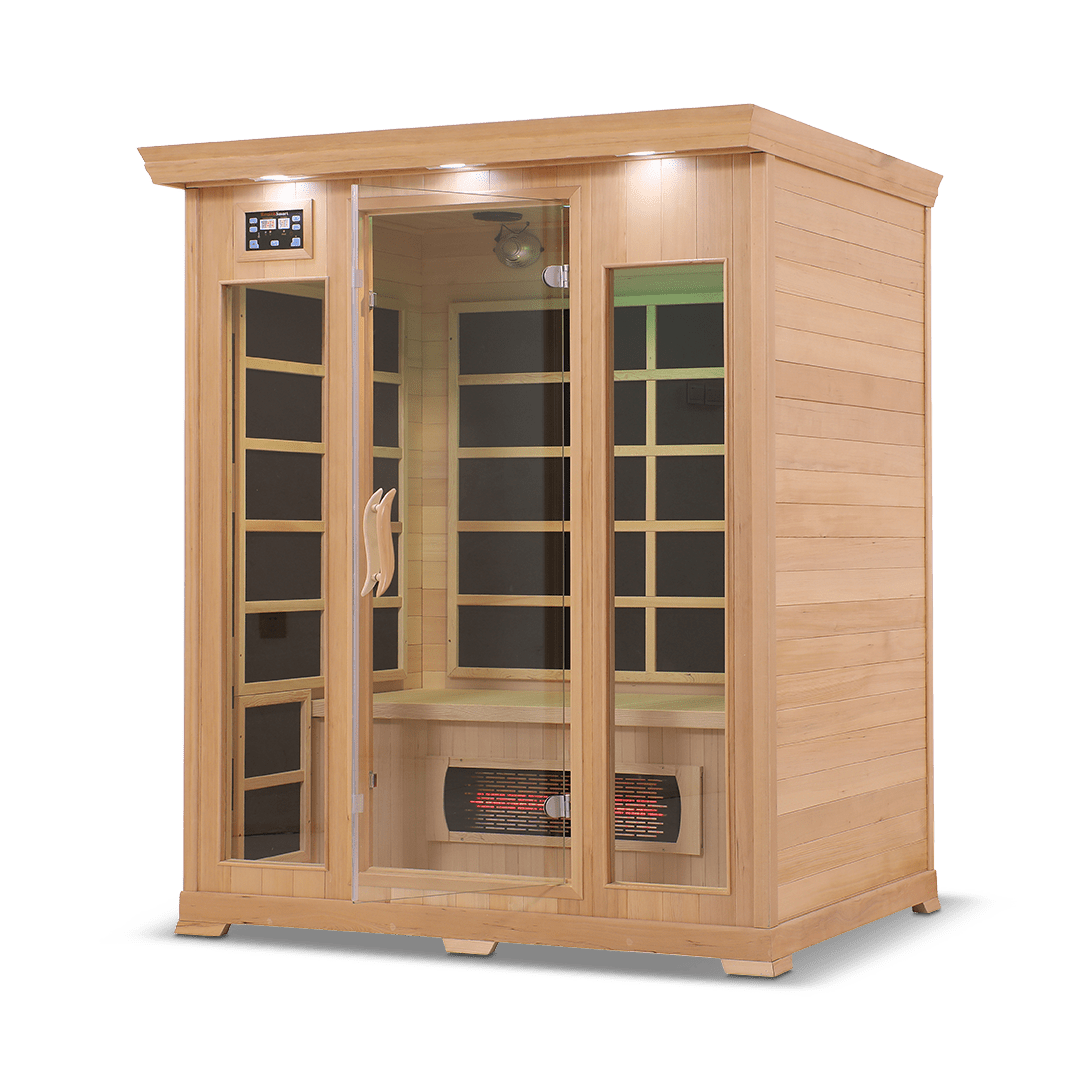 infrared sauna Healthsmart 3-person full spectrum model made from hemlock, angled front-right view