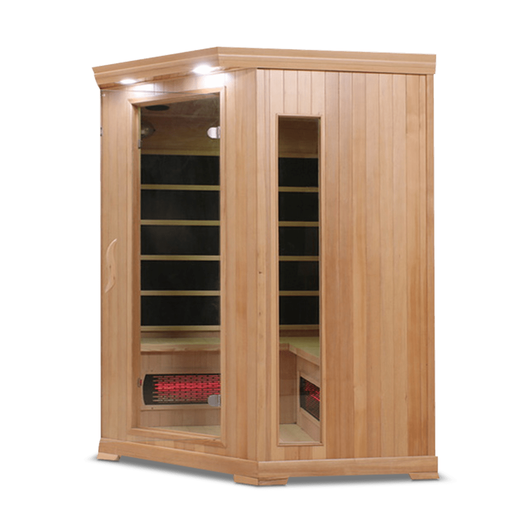 infrared sauna Healthsmart 4-person corner full spectrum model made from hemlock, angled front-right view